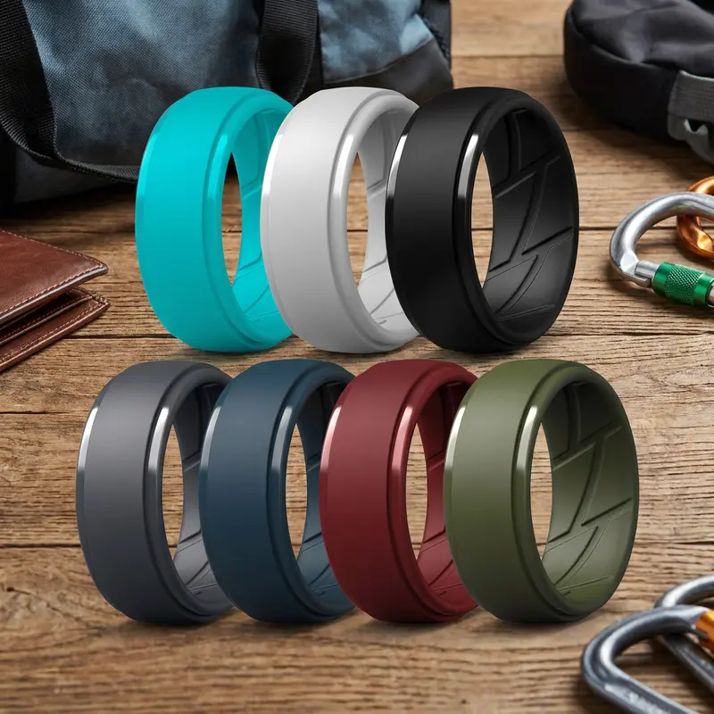 Men's Silicone Wedding Band Set Rings (7-Pack, Sizes 7-16) - 10mm Wide, 2.5mm Thick Stackable Rings with Ergonomic Inner Arc AirFlow Grooves, Breathable Gym-Ready Accessories for Construction, Trekking, Anniversary, Mens Gifts & Satisfaction Guarantee