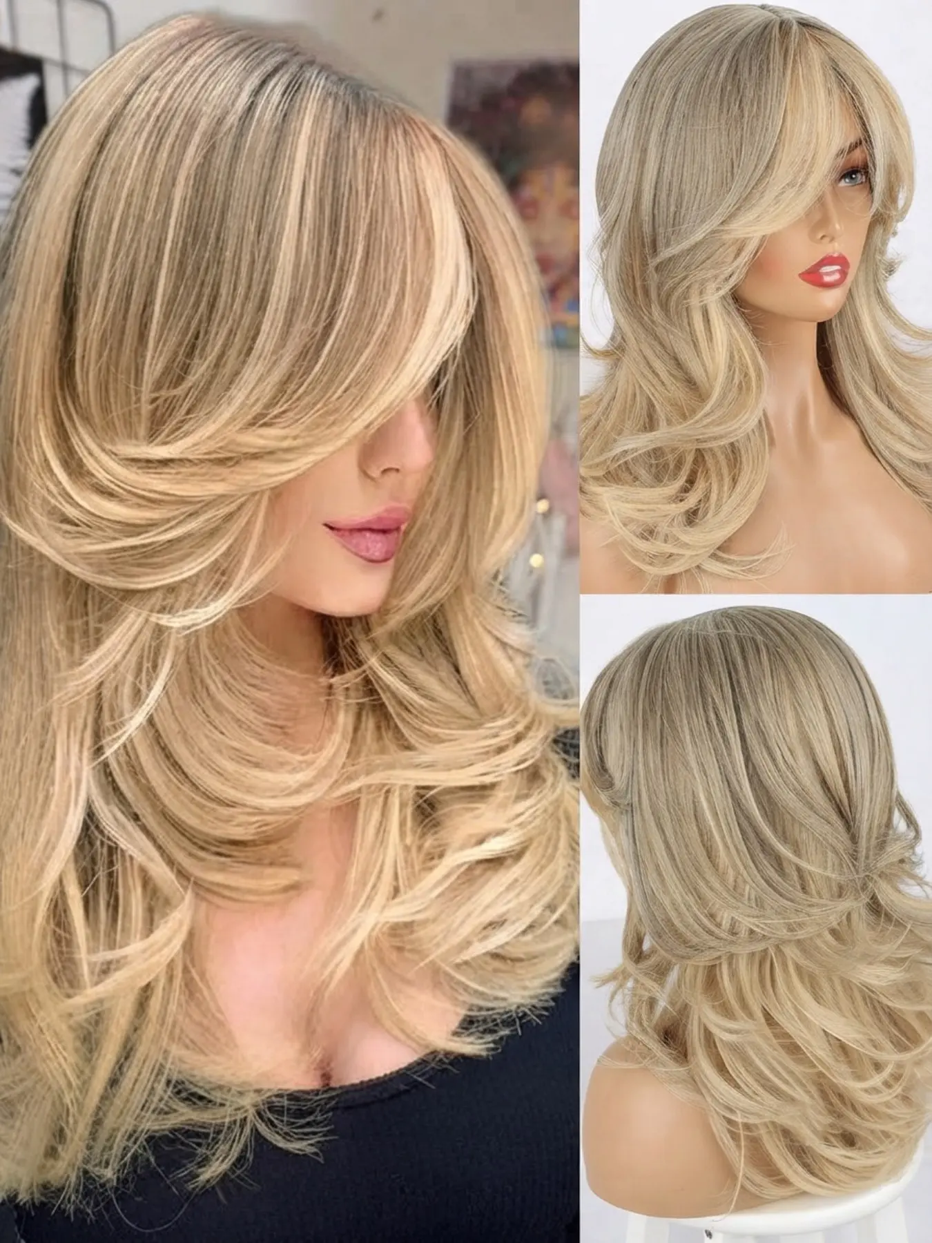 18-Inch Long Wavy Layered Wig with Bangs, Synthetic Layered Wigs, Synthetic Platinum Blonde Highlight Wig, Suitable for Women, Daily Party Use