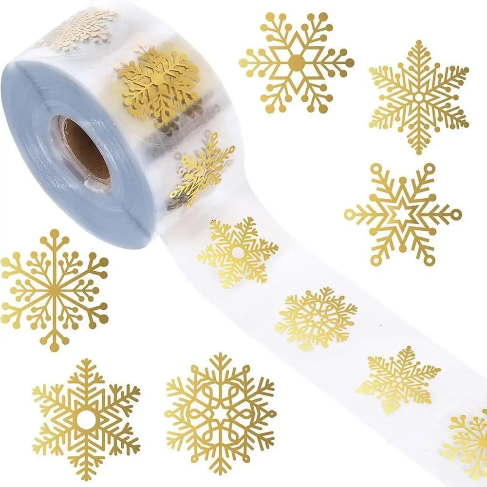 500 count Clear Snowflake Stickers Christmas Roll  Foil  Xmas Winter Holiday Round Adhesive Label Stickers Decal for  Card Envelope Decoration