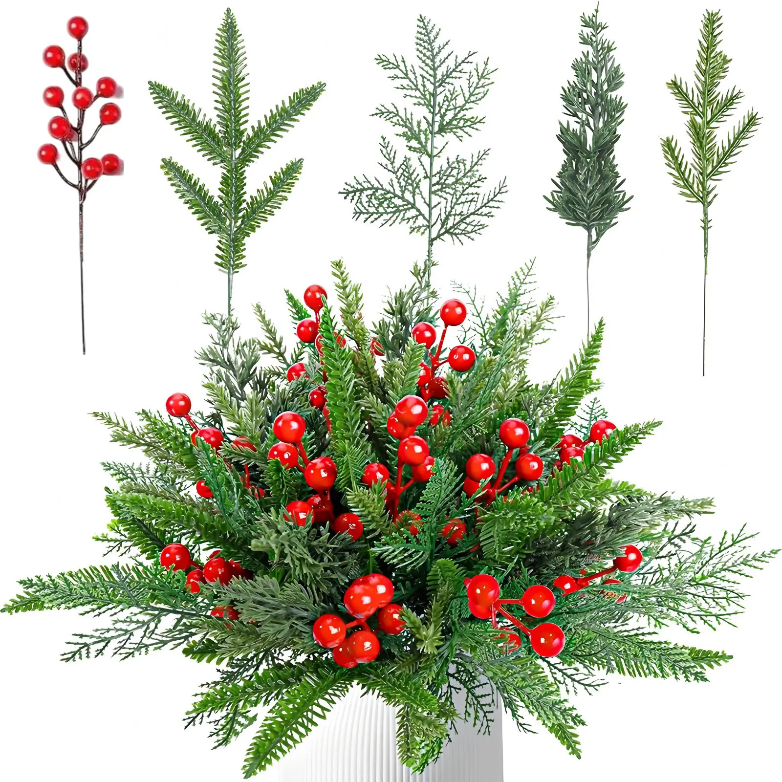 30/60 Pcs Artificial Pine Branches Fake Greenery Pine Picks Artificial Red Berry Stems Christmas Pine Needles for DIY Christmas Garland Wreath Xmas Embellishing Flower Arrangements Decoration Plants