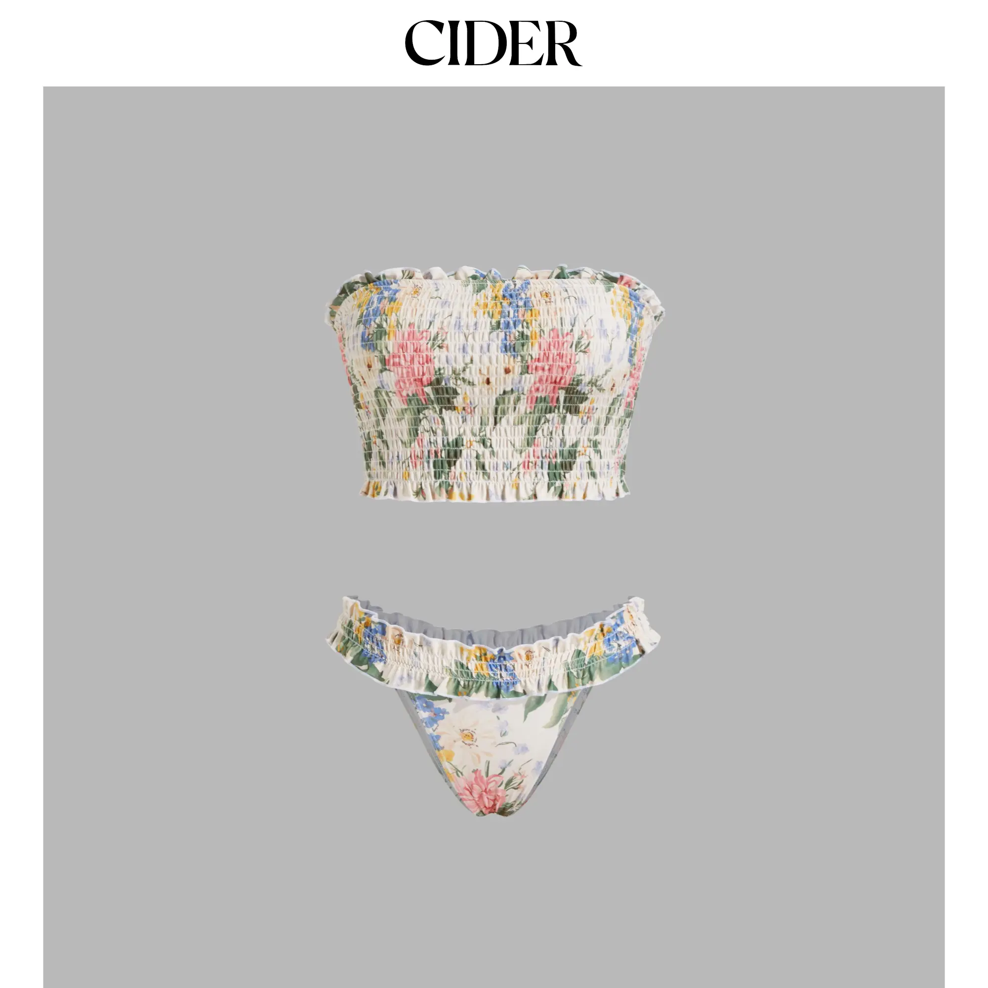 Cider Bandeau Floral Shirred Lettuce Trim Bracelet Bikini Set Cider Bandeau Floral Shirred Lettuce Trim Bracelet Bikini Set