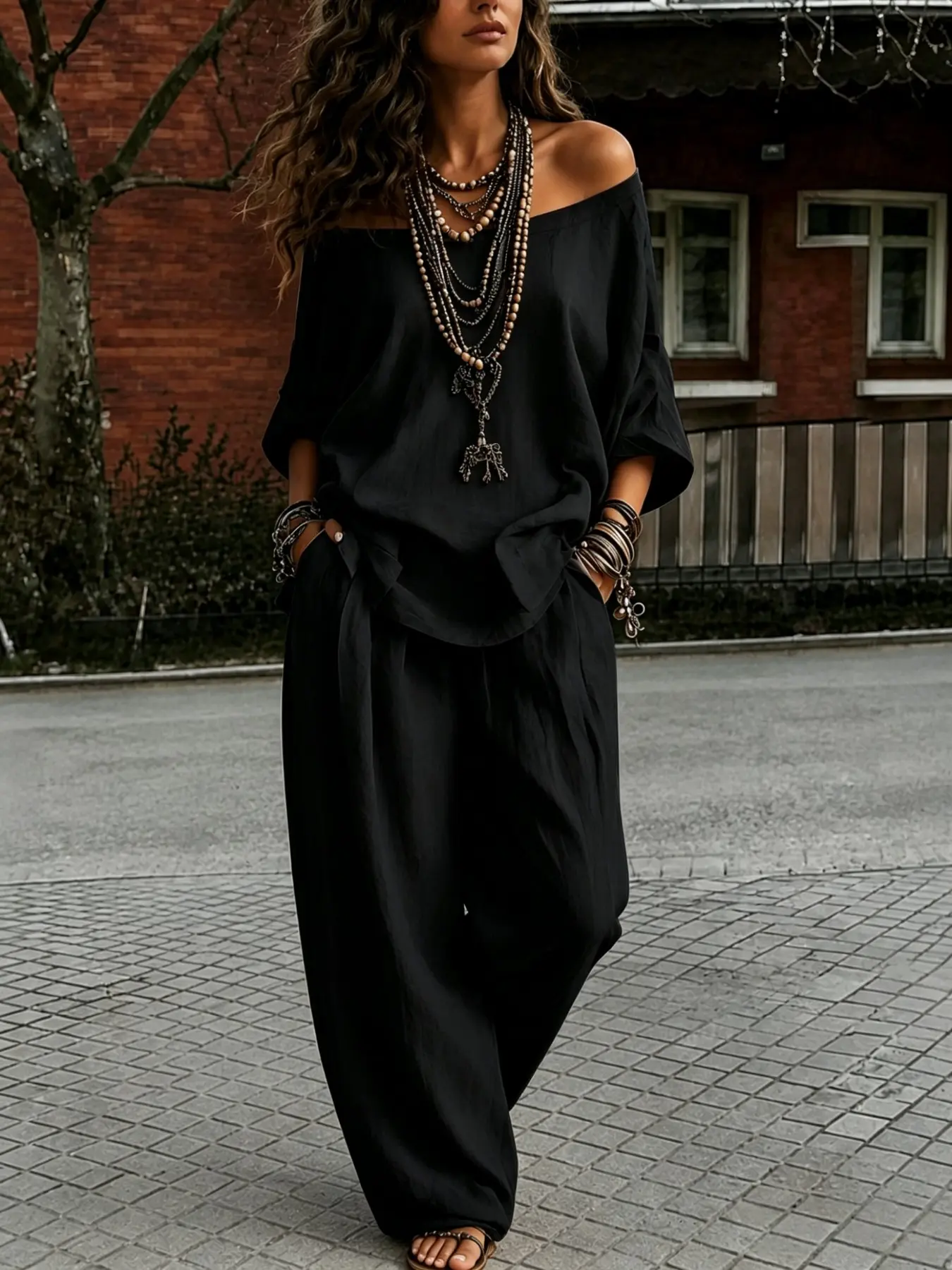 Women's Casual Loose Oversize Sports Two-Piece Set, One Shoulder Sexy off Shoulder, Elastic Waist, Seven Quarter Sleeves, Daily Home Wear, Clothes