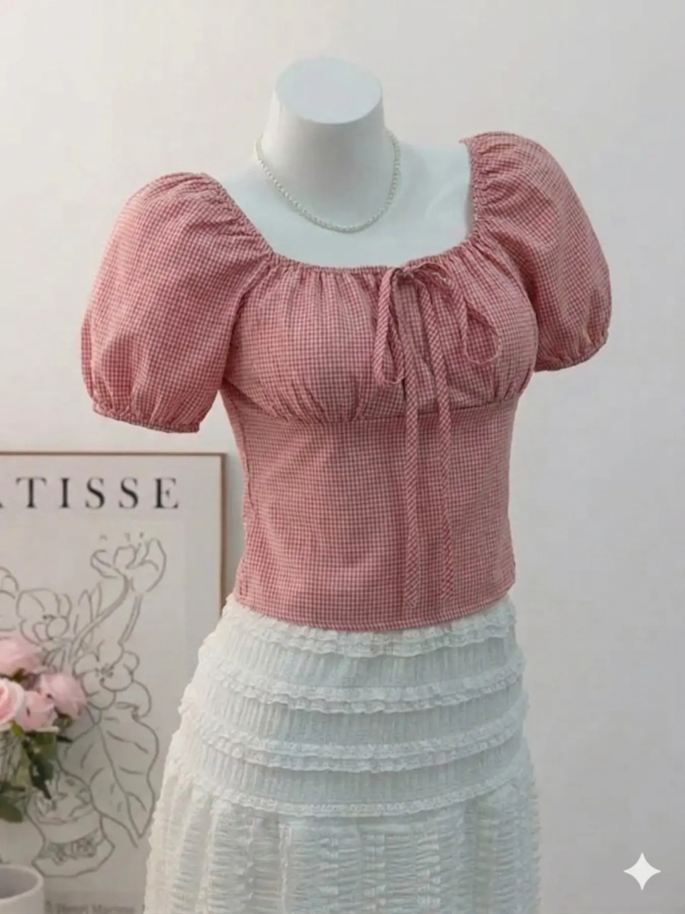 Women's Plaid Bubble Sleeve Top, Square Neck Tie Short Crop Shirt, Casual Summer Slim Fit, Fashionable Ladies' Clothing