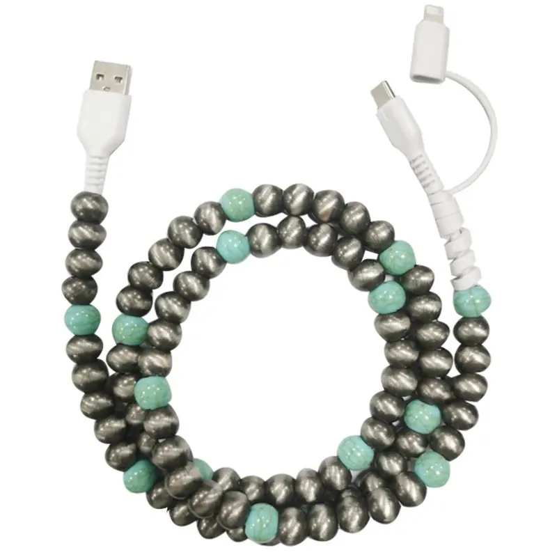 Bronze Pearl Decor Charging Cable, Compatible with USB-C and Lightning, 3.3ft Quad-In-One Data Cable, Fast Charging, Holiday Gift