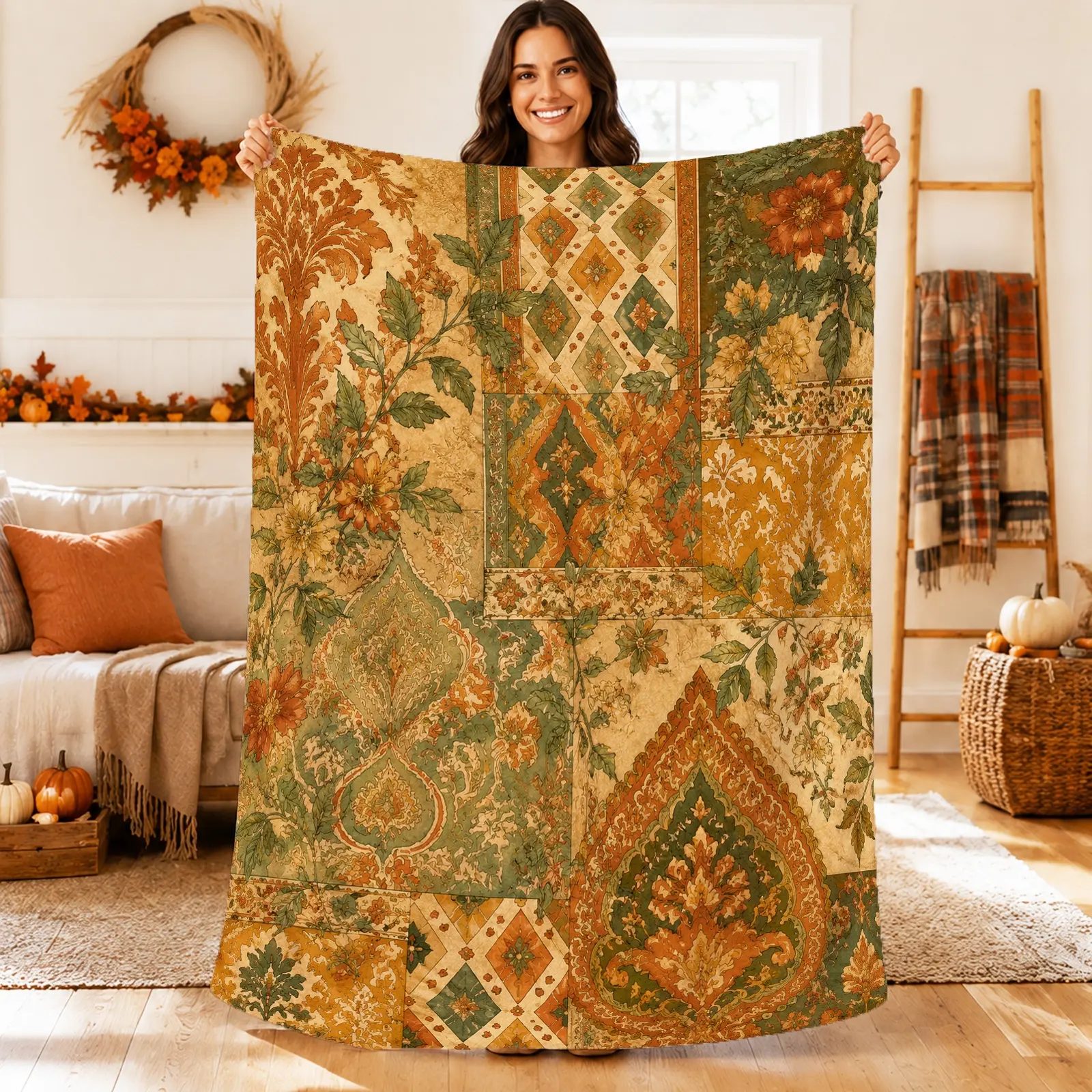 1pc Floral Patchwork Blanket, Vintage Boho Style, Richly Detailed Botanical Patterns in Earthy Tones, for Sofa Living Room Bedroom and Cozy Home Decor
