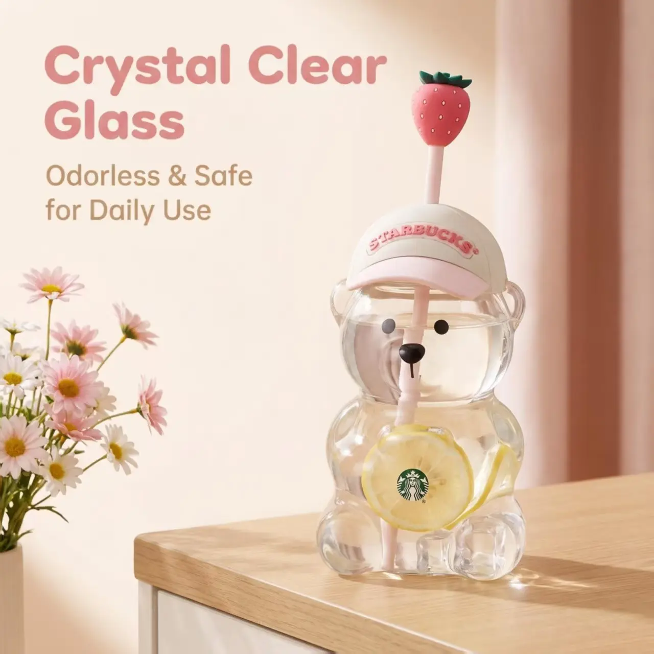 Cute Bear Straw Tumbler with Hat Lid & Strawberry Topper, Clear Cold Beverage Cup, Aesthetic Kawaii Gift for Girls, Fun Drinkware