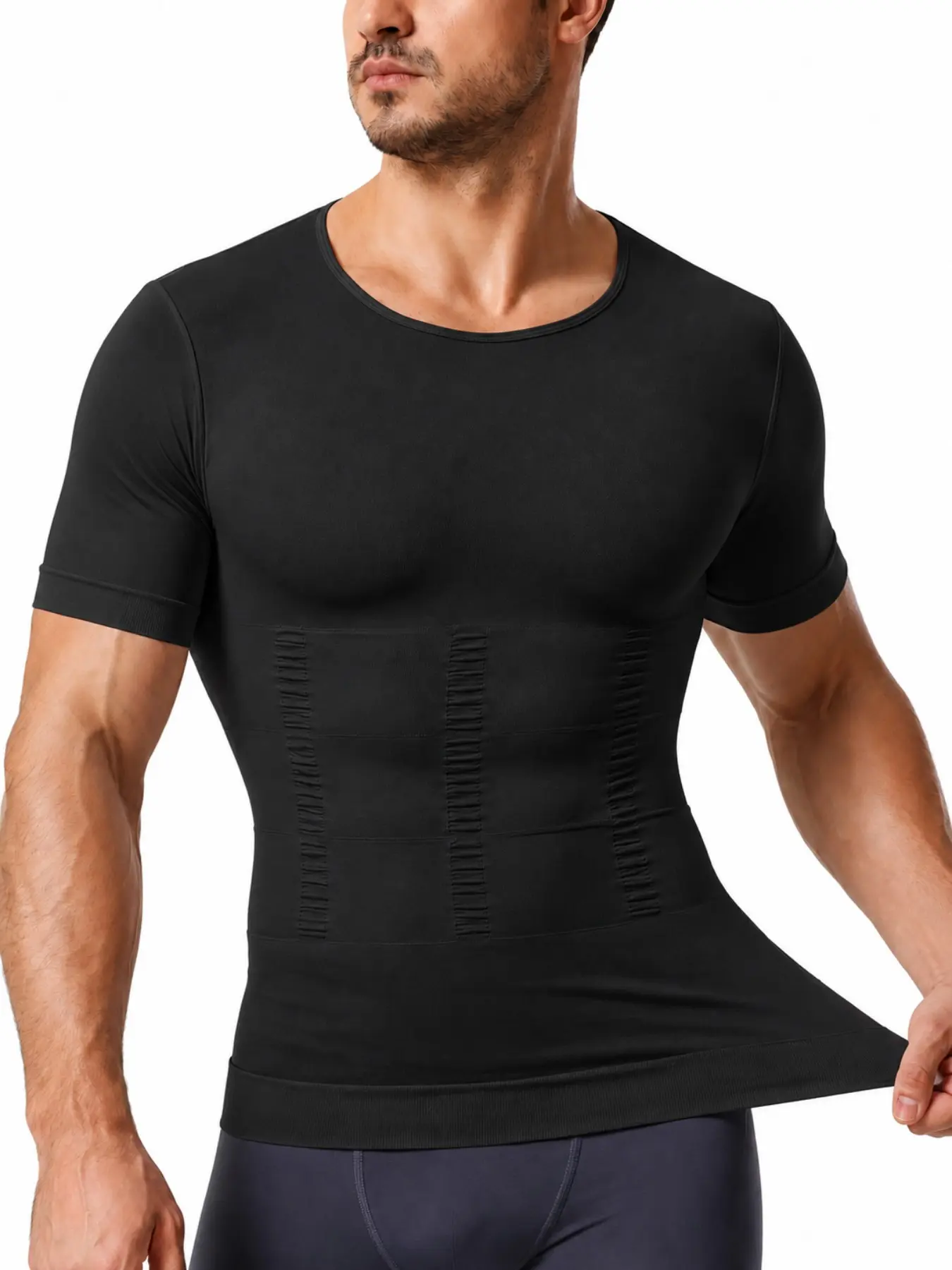 1 Count Men's Short Sleeve Shapewear Tops, Tummy Control Compression Tee, Solid Color Soft Skin Friendly Body Shaper Shirts, Support Comfortable High Stretch Shapewear Fabric Tee, Slimming Shapewear Abdomen Undershir, Suitable For Training Or Sports