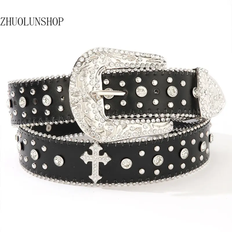 Bling Rhinestone Cross Diamond Stud Leather Belt |   Western Cowgirl Cowboy Viral Country Staples, Unisex Retro Western Charm Sparkly Waist Strap, Versatile Fashion Accessory Matching Denim Jeans & Casual Dresses For All Western Outfits