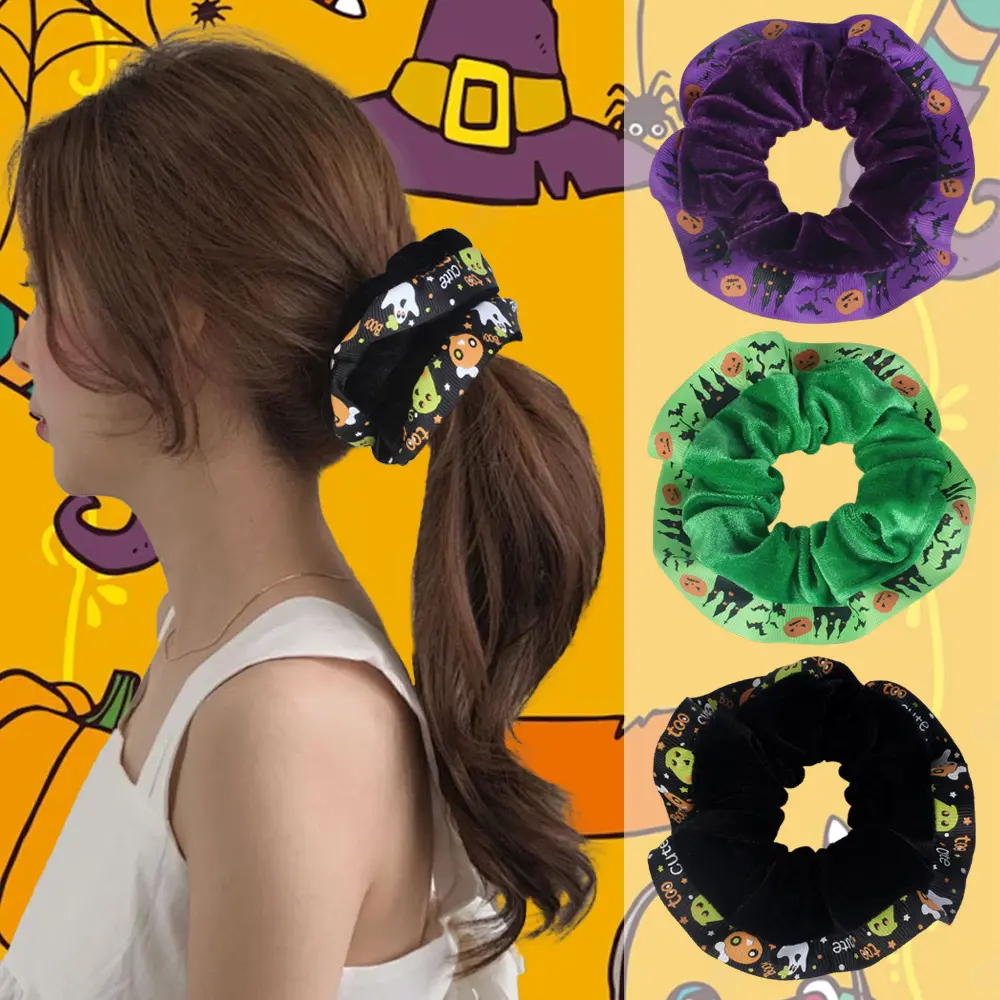 Halloween Velvet Scrunchies, Pumpkin Ghost Witch Pattern Hair Scrunchy, Elastic Hair Ties for Women Girls, Holiday Party Cosplay Hair Accessories Gift