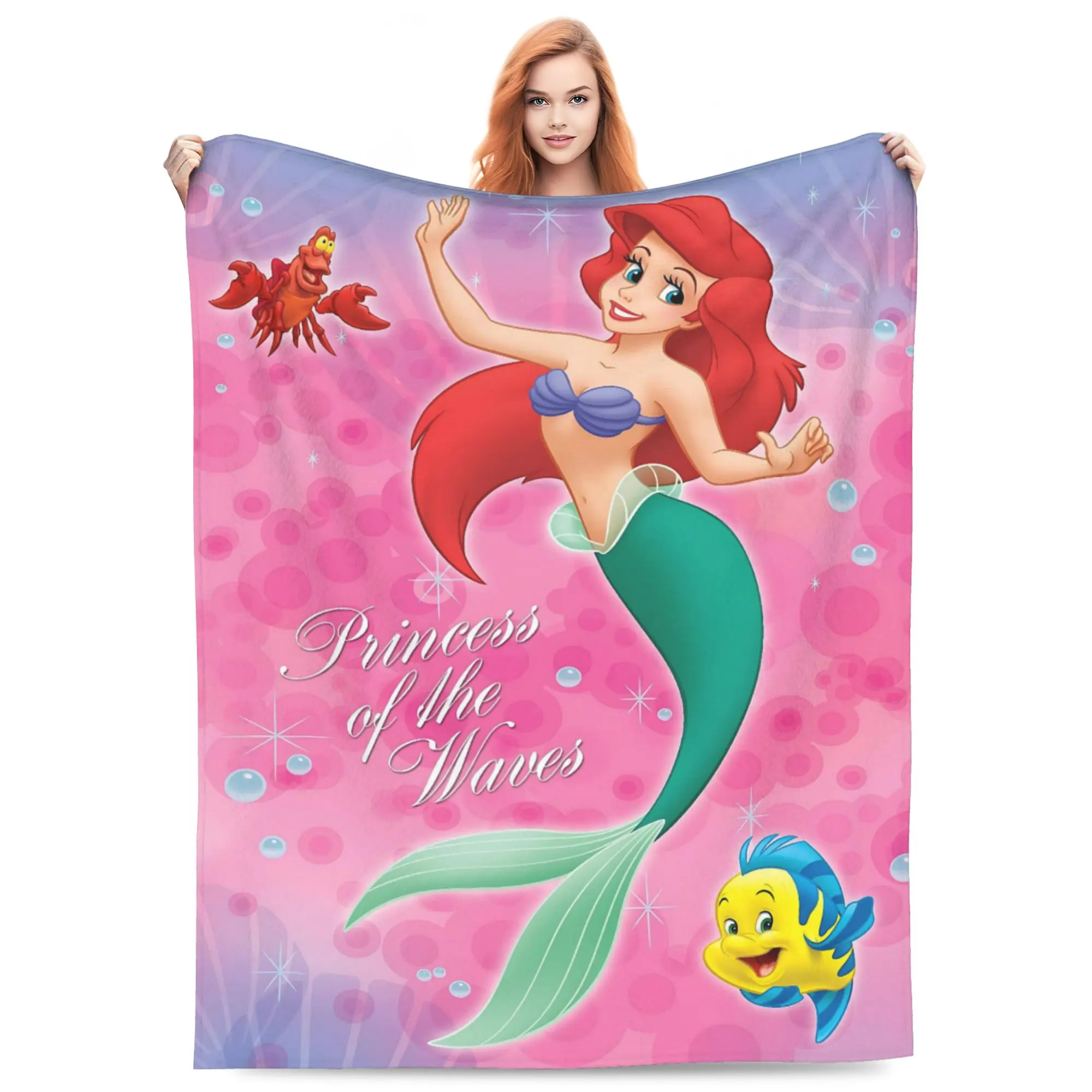 DISNEY CLASSIC Ariel Princess of the Waves Throw Blanket, The Little Mermaid Ariel Flounder Sebastian Pink Bubble Ocean Cartoon Print Flannel Fleece Blanket Soft Cozy Blanket for Sofa Bed Gift for Girls Kids Mermaid Fans