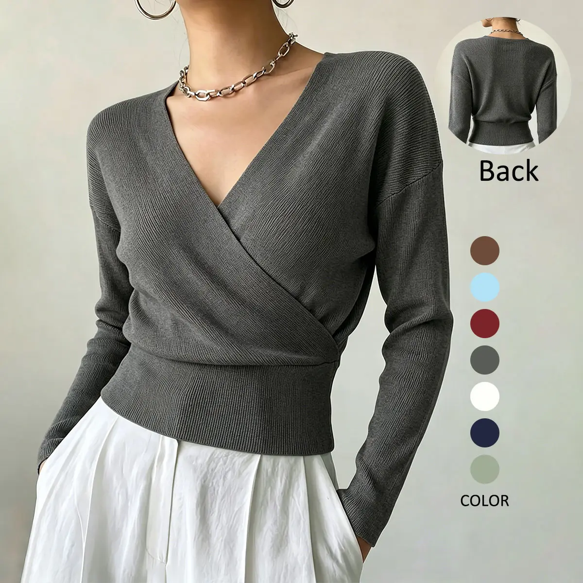 New For Autumn! Knit Tops! Women's Fitted, Long-Sleeve Knit Top Featuring A Crossover V-Neck And Waist-Cinching Design—Available In Multiple Colors And Sizes.