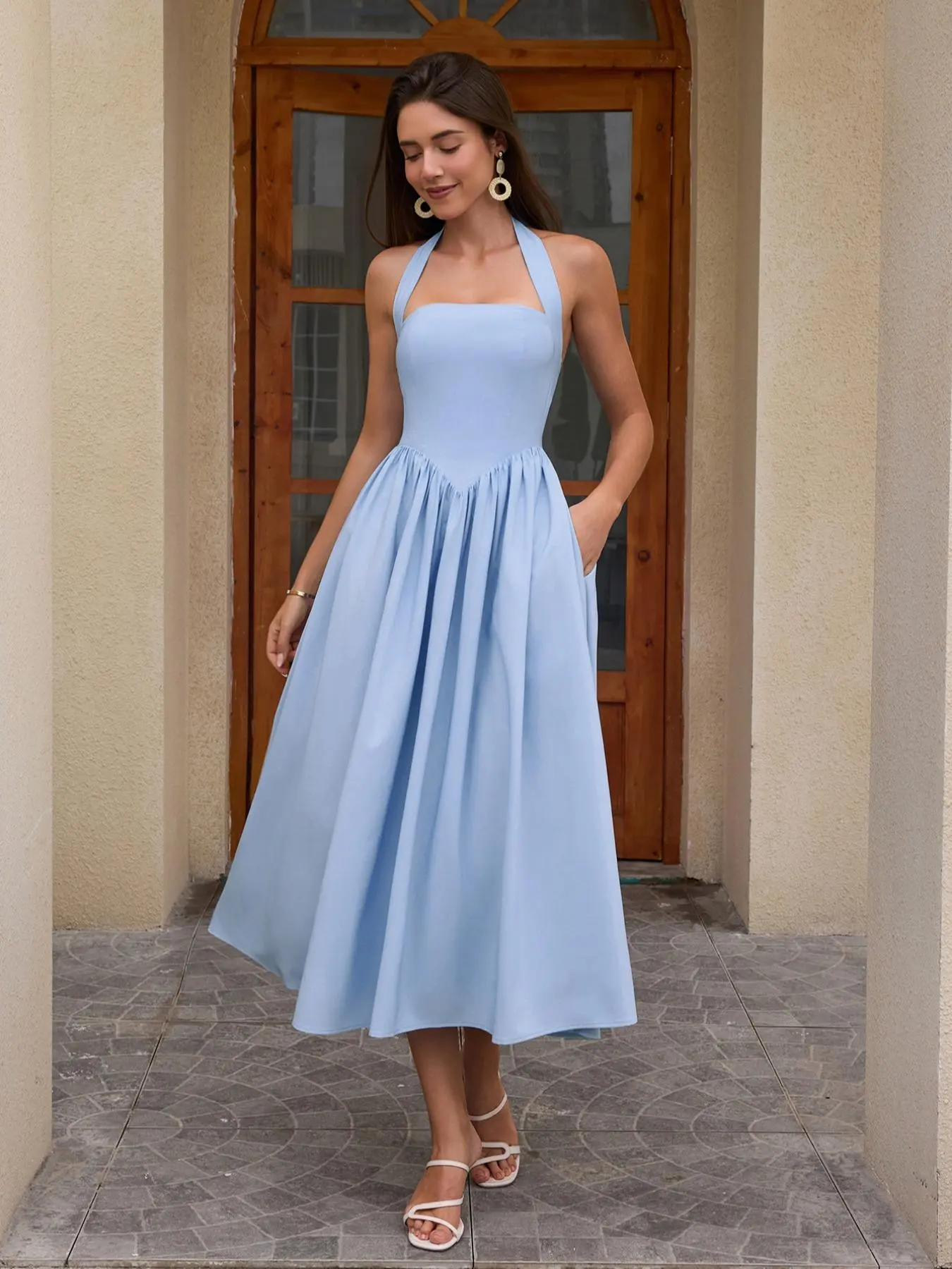 Women's Elegant Minimalist A-Line Sleeveless Dress with Pockets, Lady  Slim-Fitting Chic Fitted Long Gown, Plain Design for Daily Wear, Stylish  Backless Neckline, Everyday Womenswear, Casual Dresses - TikTok Shop