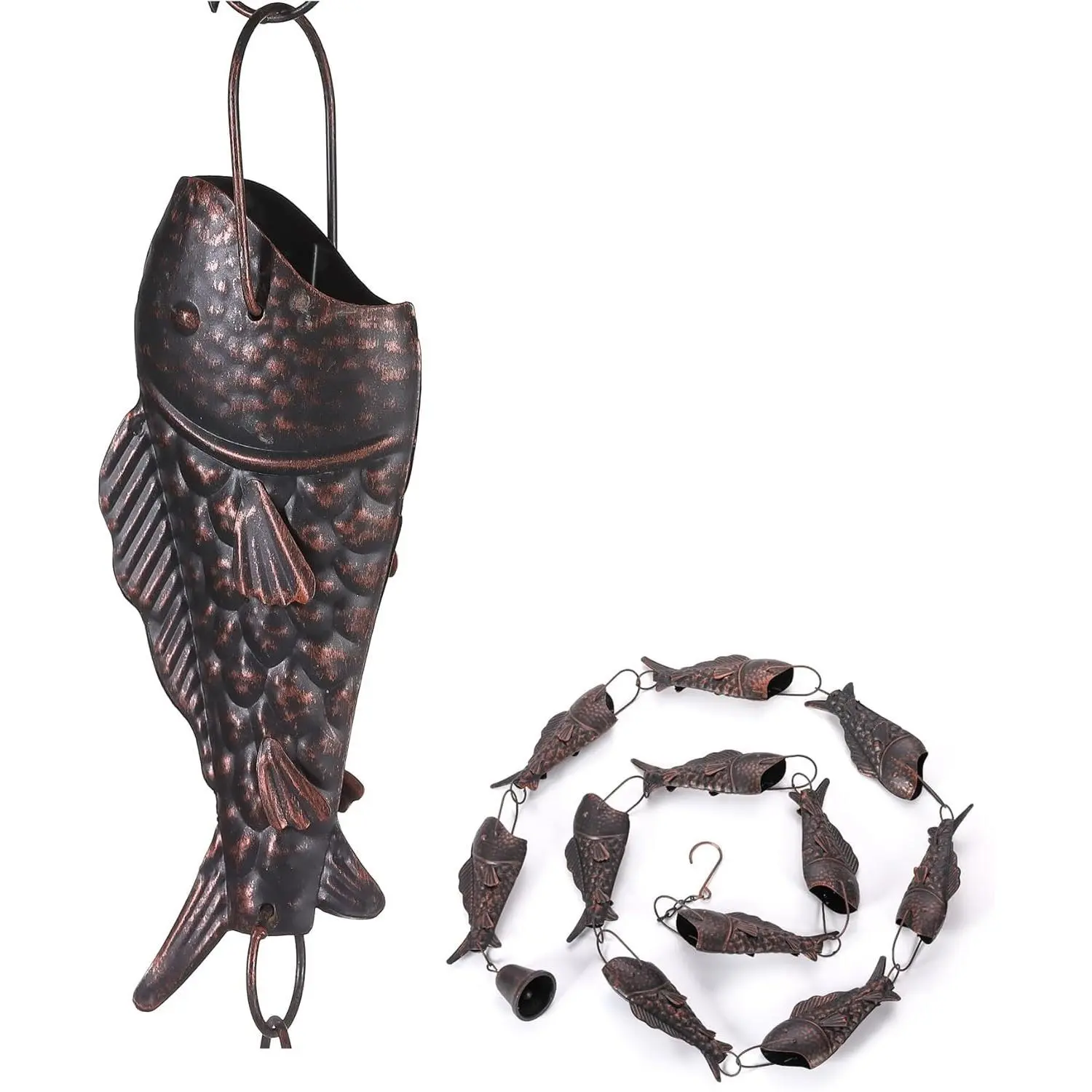 8.5FT Antique Bronze Rain Chain with Rainbow Trout, Functional Decorative Replacement Downspout Chain for Heavy Rain, Outdoor Rain Catcher Chain for Gutters