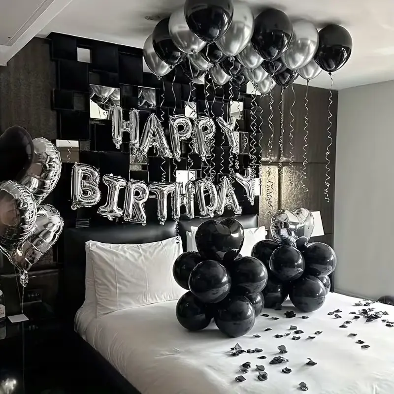 Birthday Balloon Set, 16-Inch Silvery Alphabet Balloons, Letter Balloons, 18-Inch Black And Silvery Heart Balloons, Suitable for Birthday Party Decoration, Halloween Decorations, Christmas Decorations
