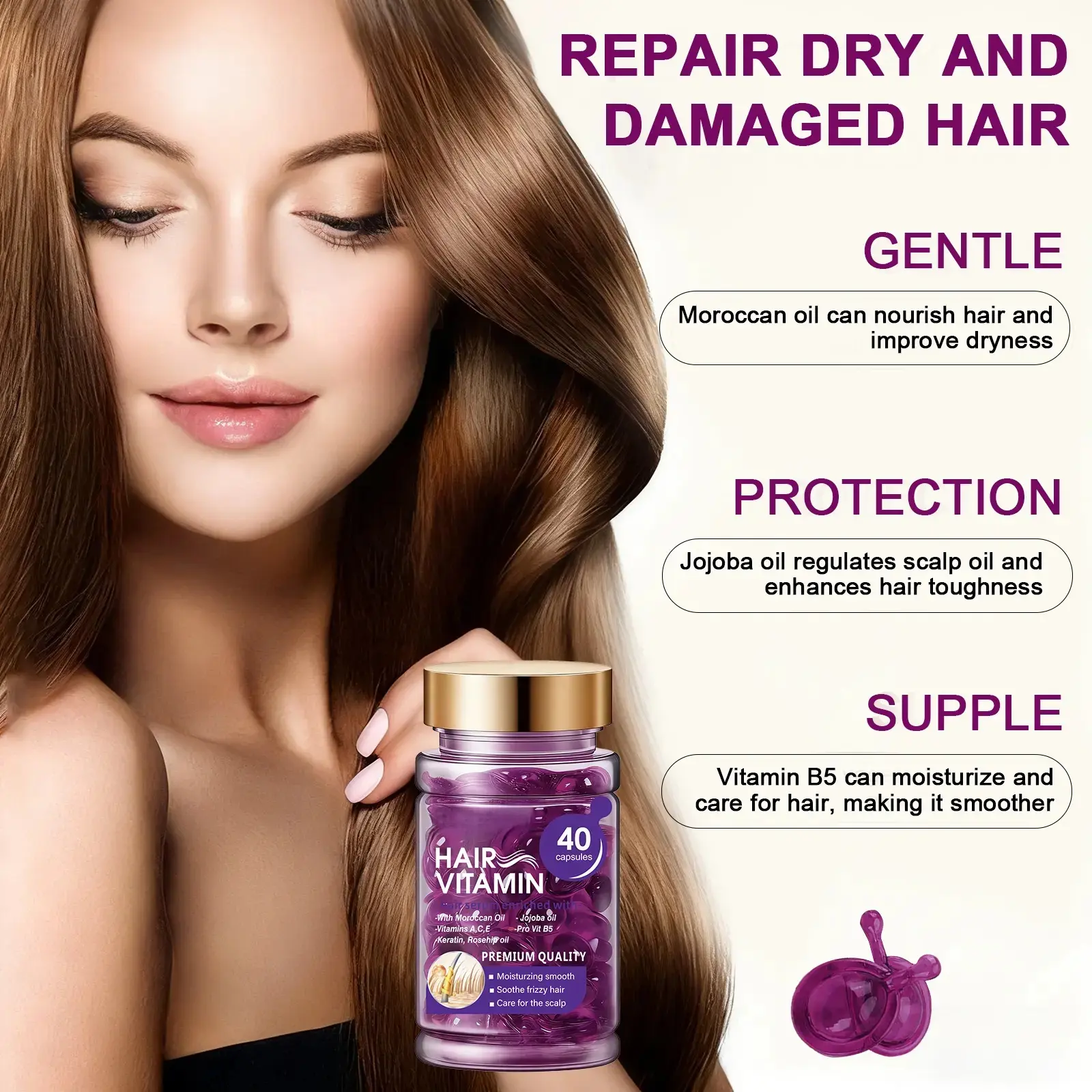 Hair Vitamin Capsules Infused with Violet Vitamins & Argan Oil for Color-Treated & Permed Hair Smooths Frizz Restores Silkiness & Shine 40 Capsules.