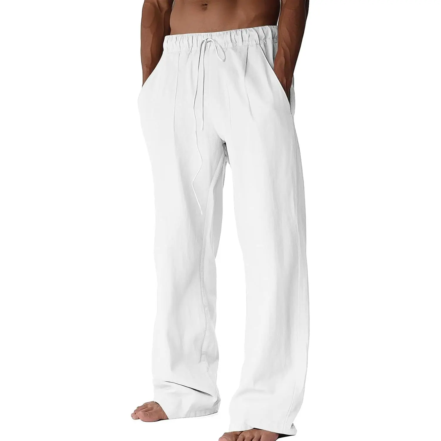 Men's Linen-Cotton Athletic Beach Pants - Relaxed Fit, Breathable, Stretchy, Wide Straight Legs, Deep Pockets, Drawstring Elastic Waist, Plain, Casual Wear, Durable, Easy to Care for, Doesn't Require Special Treatment, Ideal for Fishing (Gift)