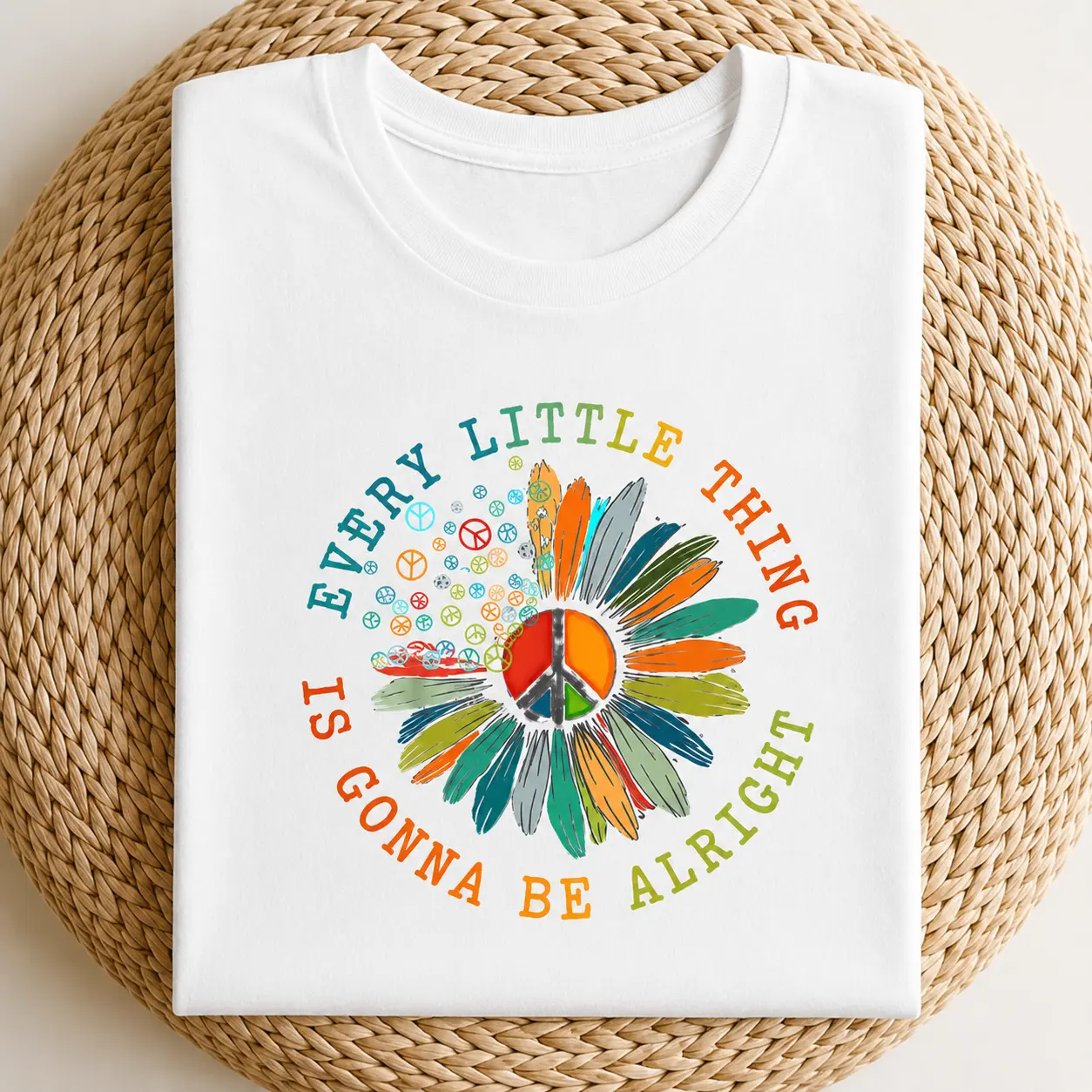 Women’s Retro 70s Hippie Comfortable Short-Sleeve T-Shirt - Every Little Thing Is Gonna Be Alright Peace Sign Daisy Graphic, Colorful Everyday Fabric Tops