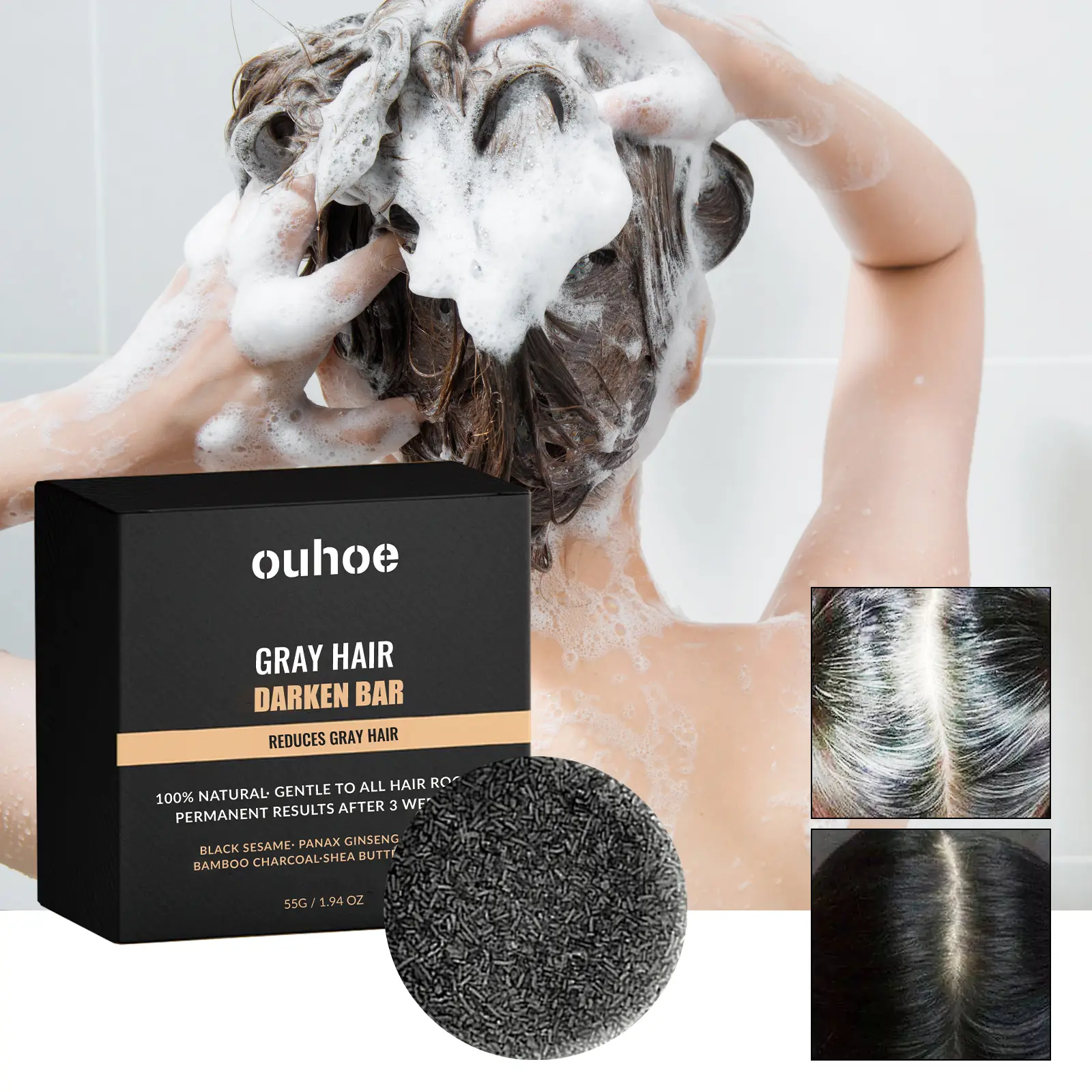 Darkening Shampoo Bar for Gray Hair, Before After Visible Results OUHOE Black Hair Soap for Men & Women, Ginseng Charcoal Herbal Formula, Deep Clean Nourish Scalp for Hair & Beard, Travel-Friendly Sulfate-Free, 55g
