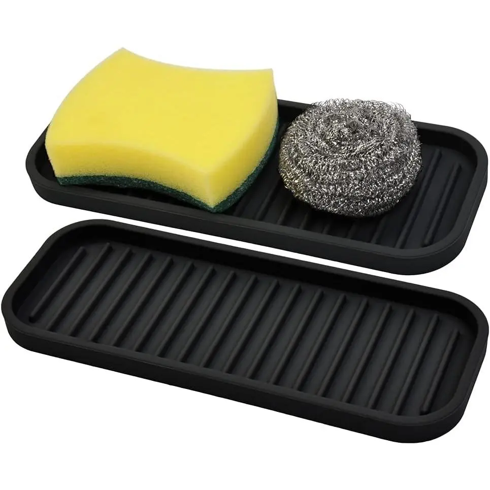 Men’s Flexible Silicone Sponge Holder 2-Pack (Black) - Vanity Brush Tool, Kitchen Sink Organizer Tray, Dish Caddy, Soap Dispenser, Scrubber Spoon Holder, Dishwasher Safe