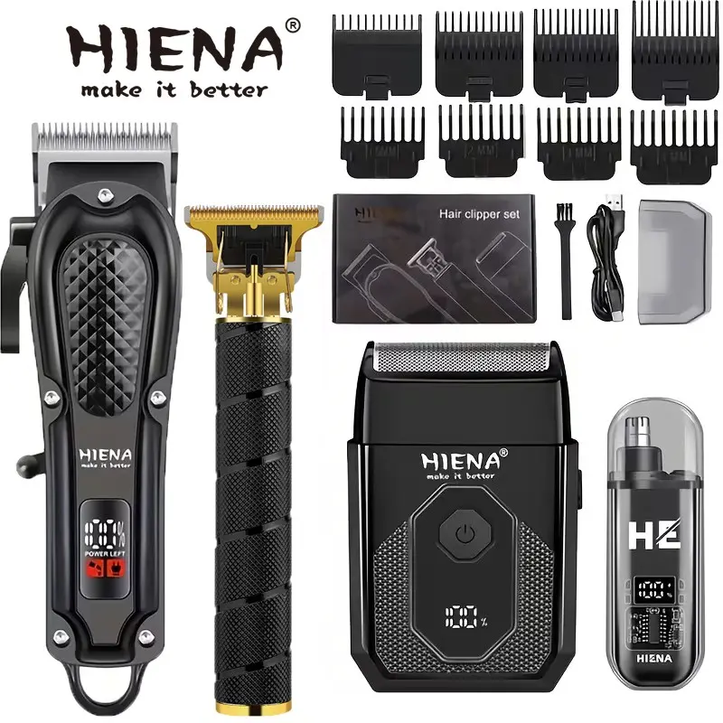 HIENA 4-Pack Wireless Hair & Beard Trimmer Set, LED Display Precision Clippers, USB Charging, Ideal Holiday Home Gift