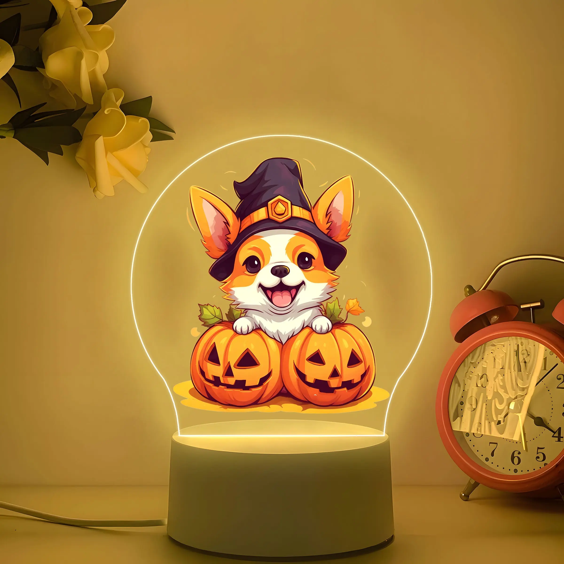 Acrylic Night Light, Cute Corgi with Witch Hat, Halloween Pumpkin Design, Warm Glow, Bedroom & Kids Room Decor