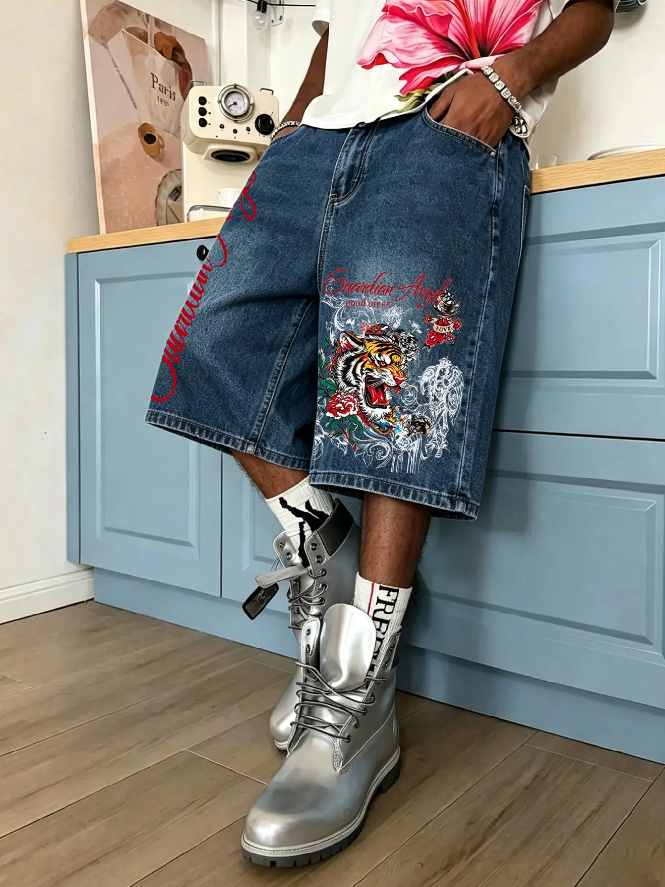Men Women Blue Denim Shorts, American Retro Handwritten Letters, Street Style Japanese Tiger Print, Summer Casual, Skateboarding