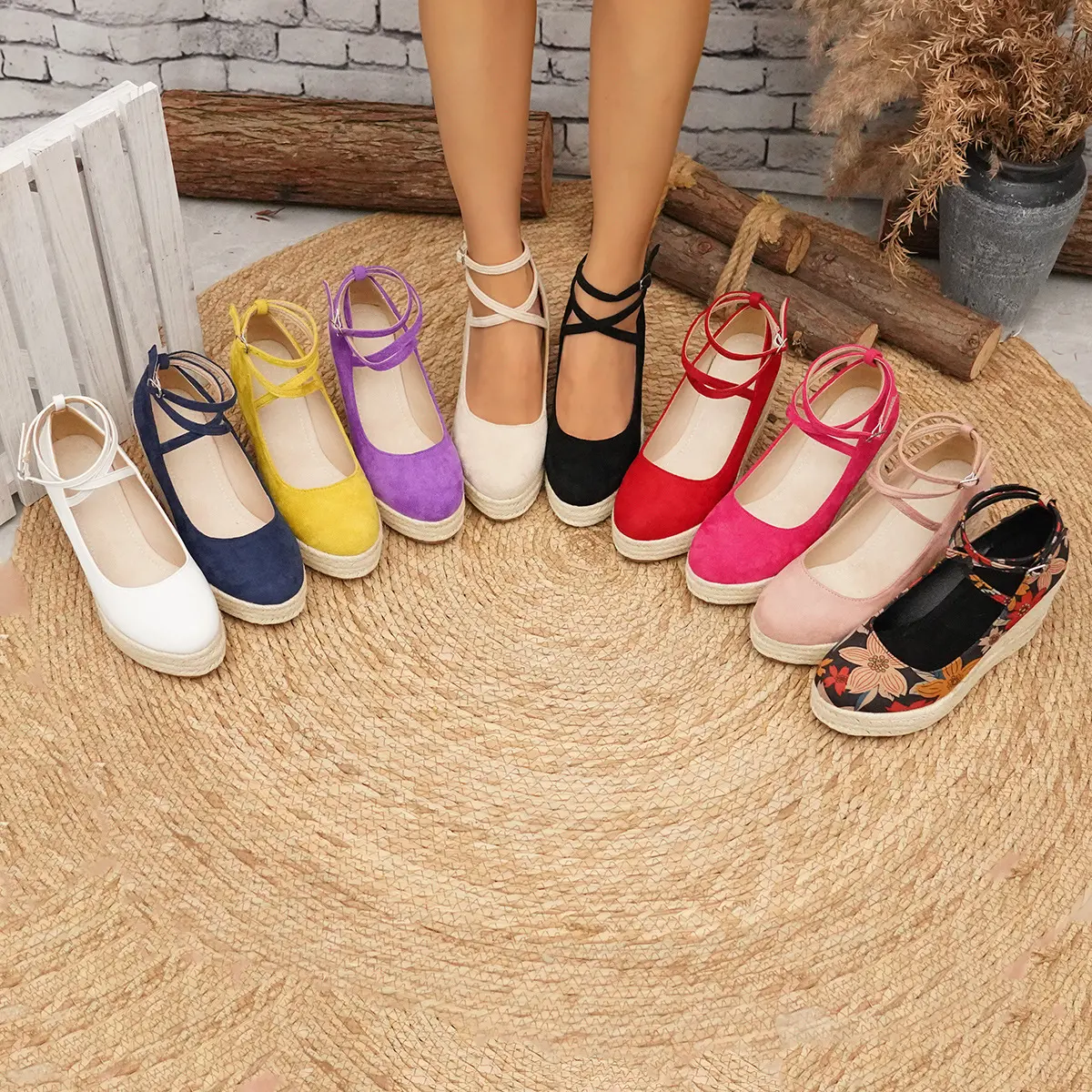 Women's Minimalist Solid Suede Espadrille Wedges - Ankle Strap, Thick Sole, Platform Vacation Heels for Multiple Seasons