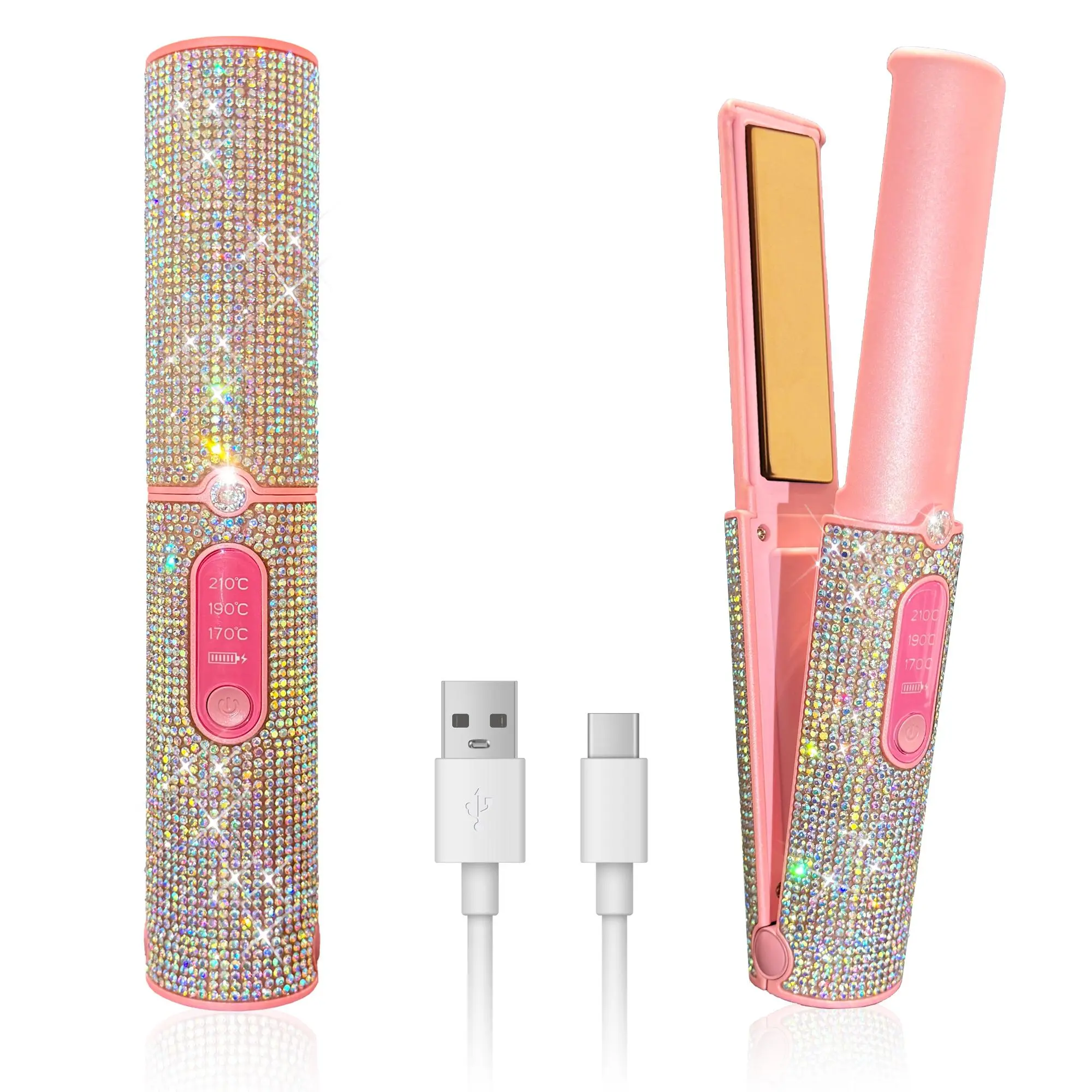 Cordless Hair Straightener with Pink AB Rhinestones, Portable Mini Flat Iron, USB-C Rechargeable Hair Styler, Adjustable Heat Travel Hair Tool