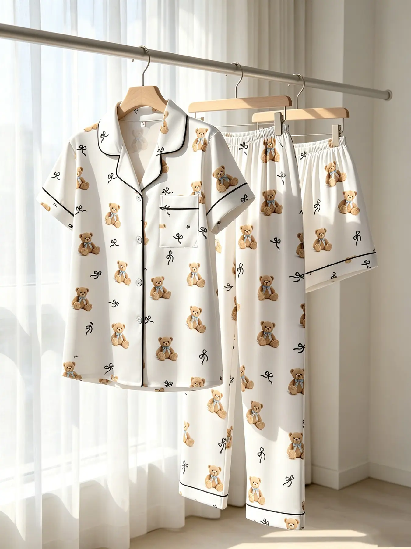 Women's 3-Piece Button-Down Cartoon Pajama Set, White Teddy Bear Print, All Season Wear, Relaxed Fit, INS Style Cute Bear Casual Loungewear for Home & Errands