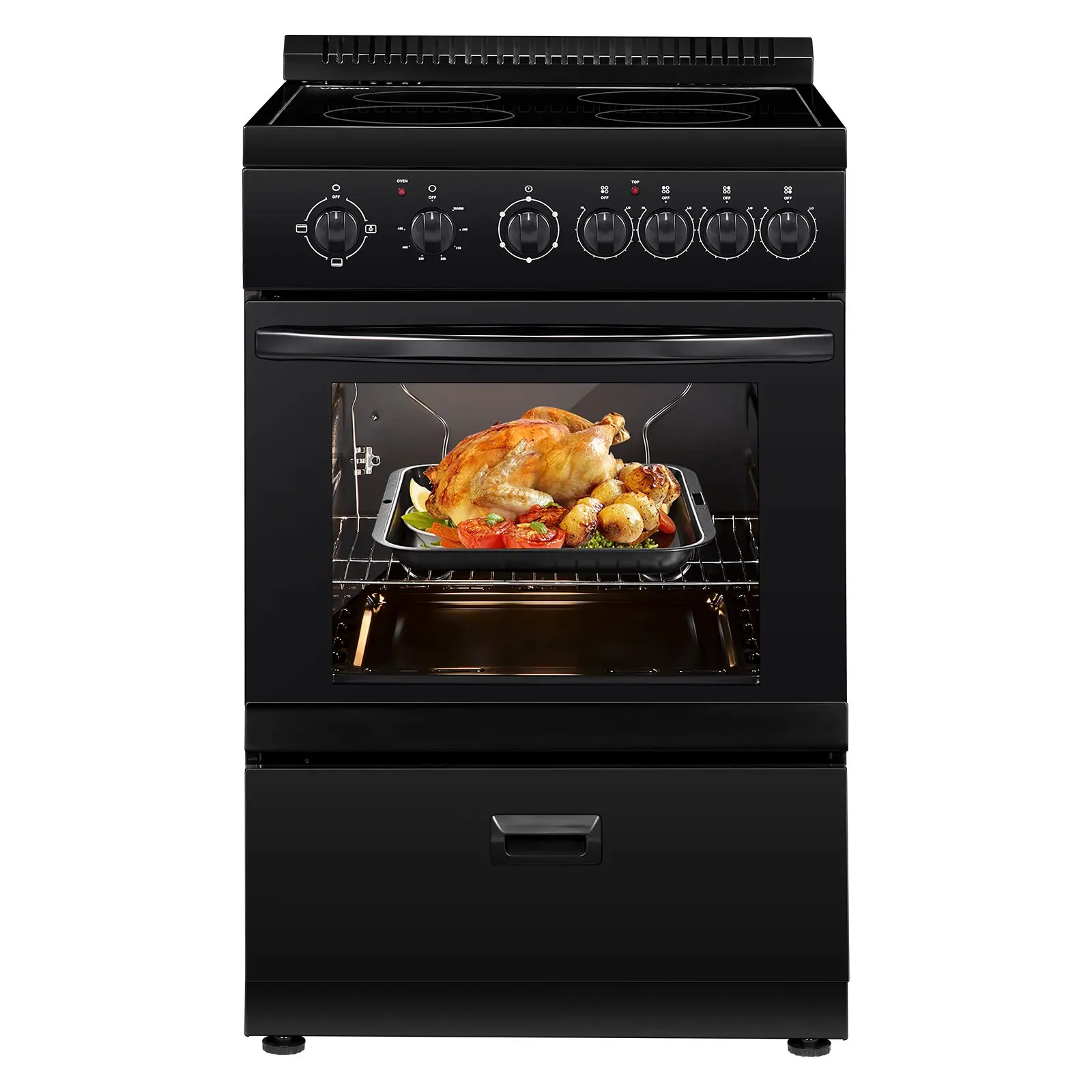VEVOR 24 in Stainless Steel Electric Range Oven, 2.7 Cu. Ft. Compact Freestanding Kitchen Stove, 4 Burners, Easy Reach Rack, Storage Drawer, Drip Pan, Indicator Light (No Power Cord), Freestanding Oven