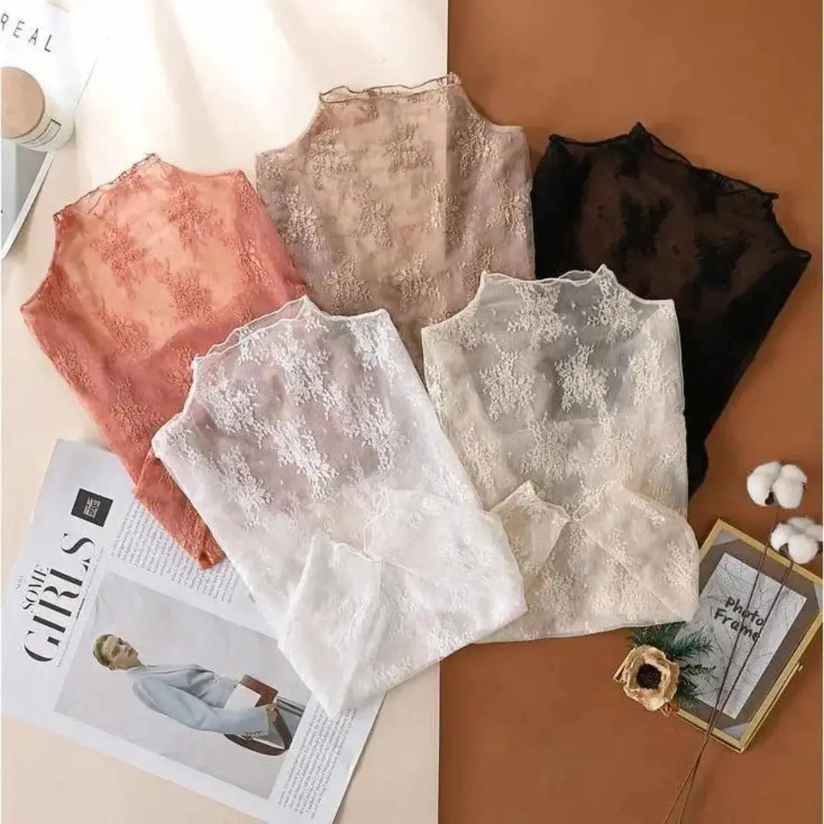 Women's 3-Pack Dressy Lace Blouses, Chic Floral Mesh Mock Neck Tops with Full Sleeves, Slim Fit (Black, White, Coffee), Longsleeves, Elegant, Fashion, 3Pcs(Black+White+Coffee), Long Sleeve, Dress Blouse