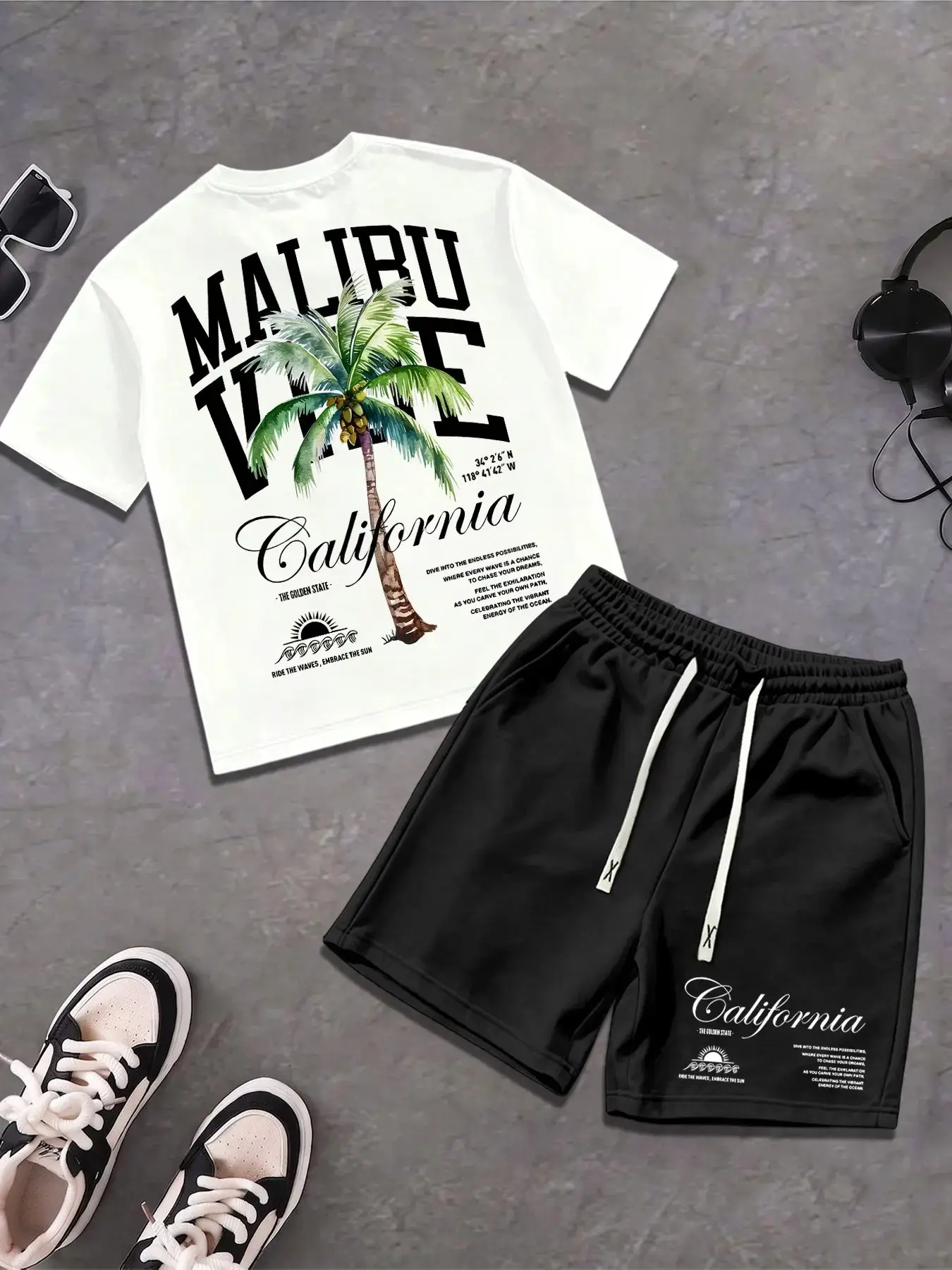 Men Crew Neck Tee & Drawstring Shorts Sports Matching Set, Front Mini Malibu California Palm Print, Back Large Tropical Letter Graphic, Soft Loose Summer Beach Casual Tracksuit #CaliforniaMatchingSet #PalmTreeBeachOutfit #SummerSportsTracksuit