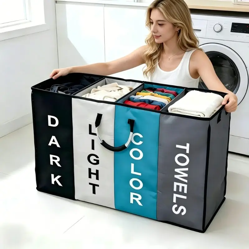Large Capacity 4 Compartment Laundry Hamper, Portable Fabric Dirty Clothes Storage Basket, Laundry Sorter Baskets With 4 Color Separation Zones, Multi-Sort Washing Organizer, Laundry Sorting Basket For Home Dorm RV Household Daily Use
