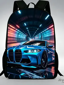 Neon Blue Tunnel Car Print Backpack, Lightweight 2D Flat Print, Side Mesh Pockets, Stylish and Functional Shoulder Bag