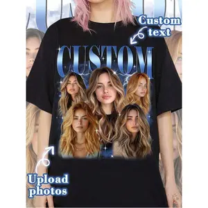 Customized Hip-Hop Style T-Shirt, Personalized Gift. 90s Retro T-Shirt With Customized Portrait Graphic. Can Add Text And Photos Casual