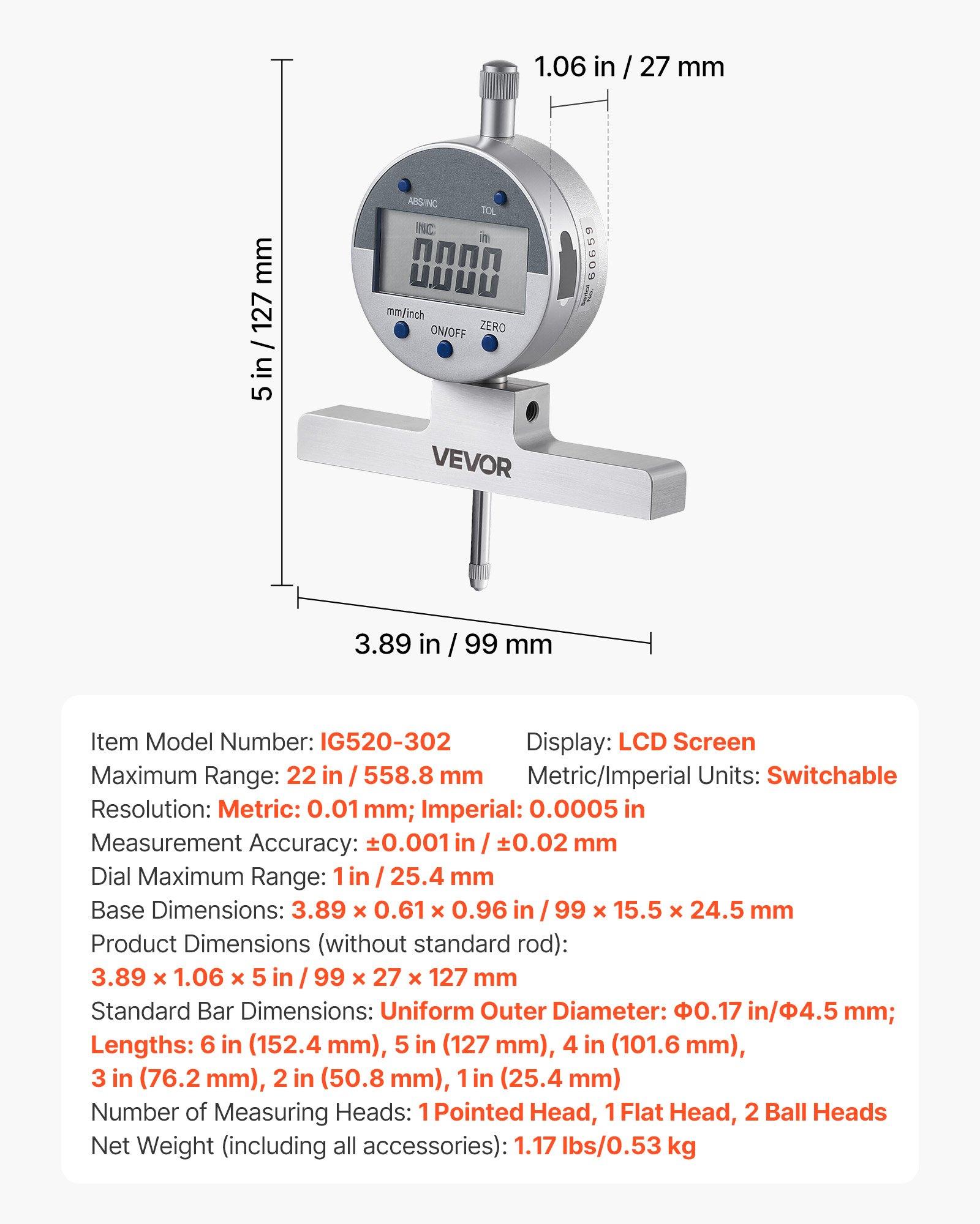 VEVOR Depth Gauge, Depth Micrometer Digital Electronic Indicator 0-22 inch Measuring Range, 0.0005" Resolution, Precision Unit Conversion with 4 Anvils, Measuring Tool for Groove, Step, Hole VEVOR Depth Gauge, Depth Micrometer Digital Electronic Indicator 0-22 inch Measuring Range, 0.0005" Resolution, Precision Unit Conversion with 4 Anvils, Measuring Tool for Groove, Step, Hole