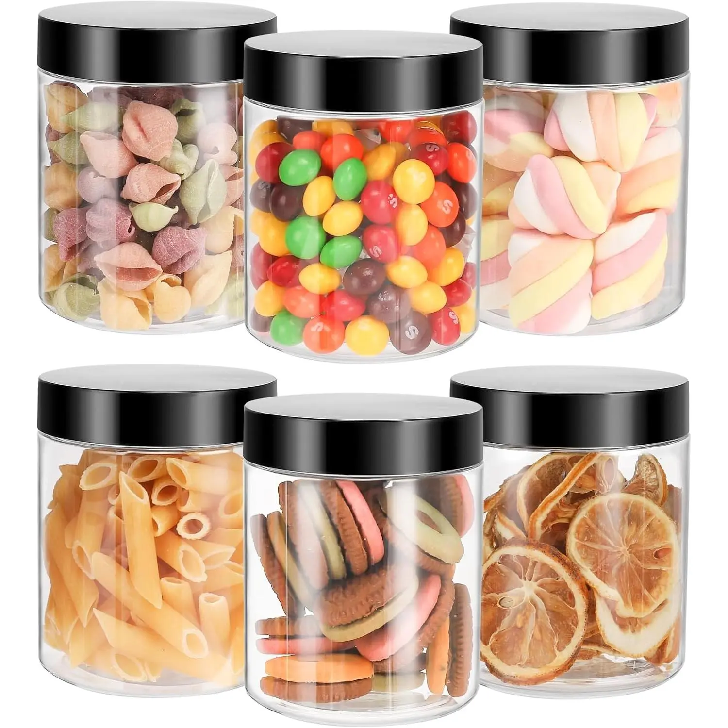 6 Pack Plastic Jars with , 8 oz Clear Storage Container, Leakproof Plastic Mason Jars, Empty Round  Container,  Jars for Storing Dry , Peanut, , Cookie, Candy