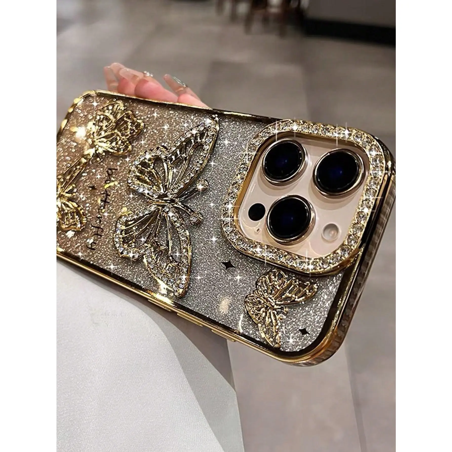 Shockproof Butterfly Element Fashion Phone Premium Case Butterfly Animal High-End New Ombre Glitter Electroplated 3D Rhinestone Full Protective Mobile Phone Case Compatible With Iphone 16 Pro Max Waterproof Anti-Fall Scratch Resistant Birthday Gift Party