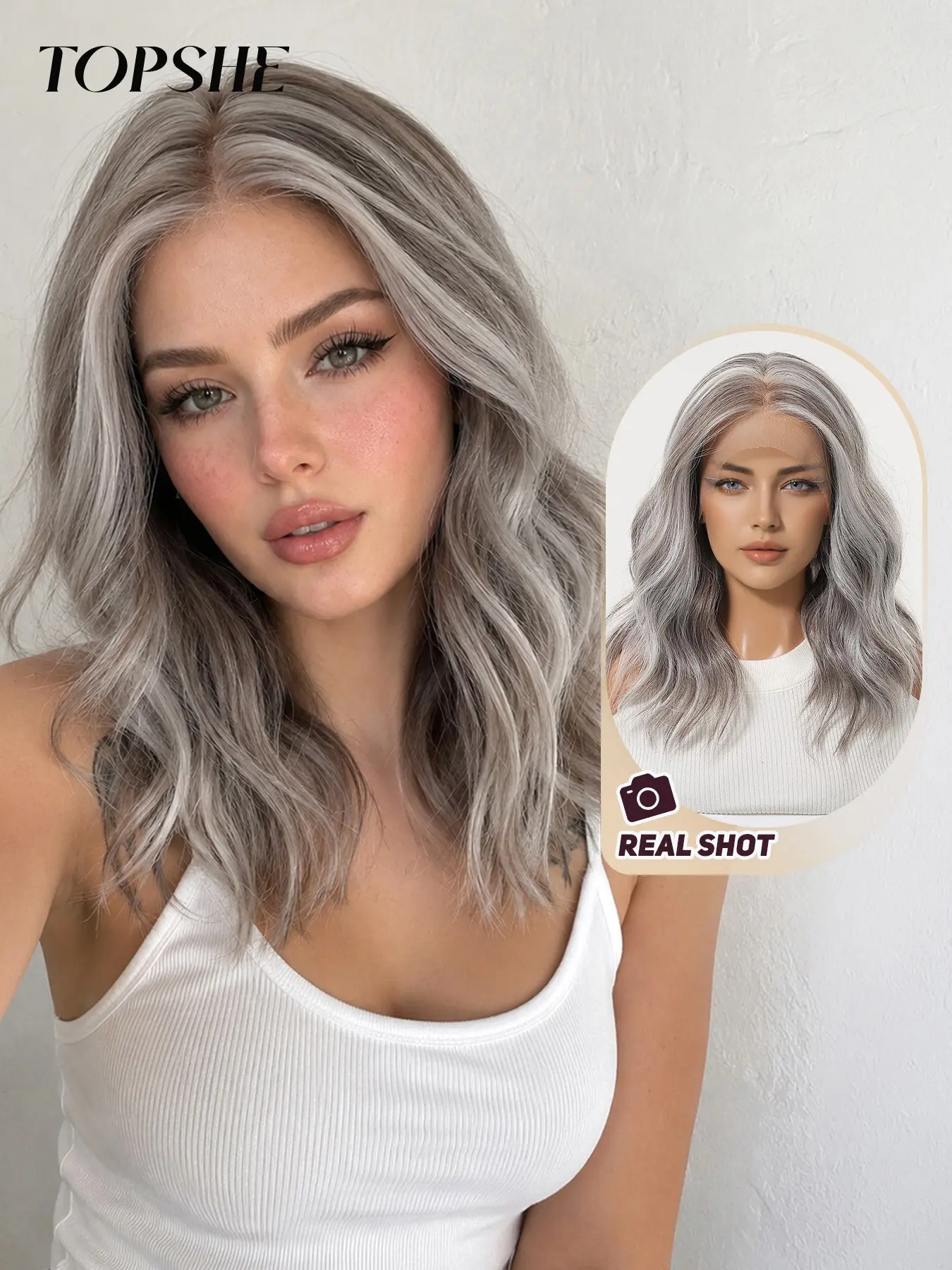 Topshe 14-Inch Lace Front Synthetic Wig, Silver Highlights, Big Wave Medium-Length Hair, Heat-Resistant Fiber, Daily Use, Women's Wig, Fluffy Synthetic Wig