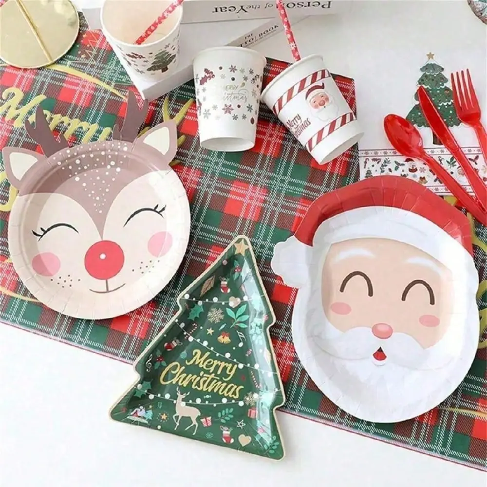10pcs Christmas Party Tableware Set, Includes Plates, Food Trays, Disposable Paper Cutlery, Field Theme, Tree, Reindeer, Santa Claus