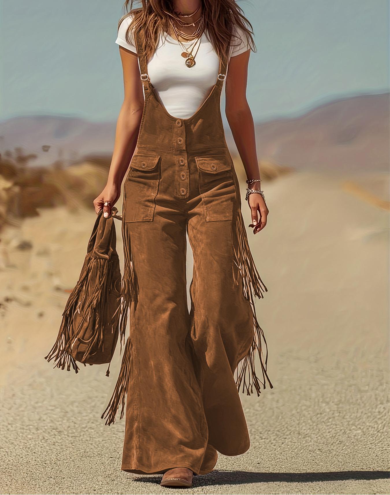 Women's Retro Faux Suede Fringe Wide-Leg Cargo Pants