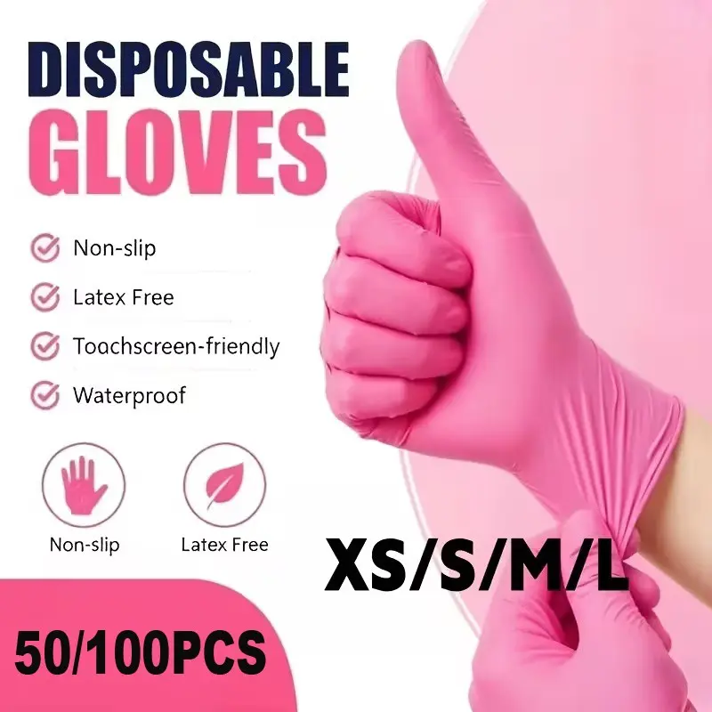 50/100 Pcs Fashionable Disposable PVC Gloves, Multifunctional Durable Cleaning Gloves for Kitchen & Household Use, Pink Gloves