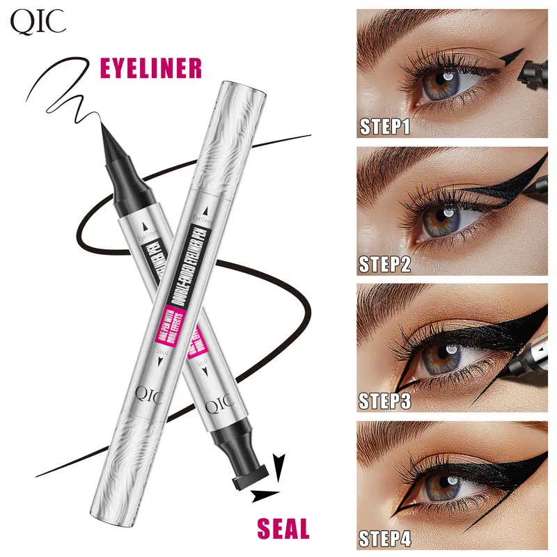 QIC Double Ended Wing Stamp Eyeliner Triangle Tip Liquid Pen Waterproof Sweatproof Smudge Proof Sharp Wing Cat Eye for Beginners Symmetrical Stamp, Dual Ended Eyeliner