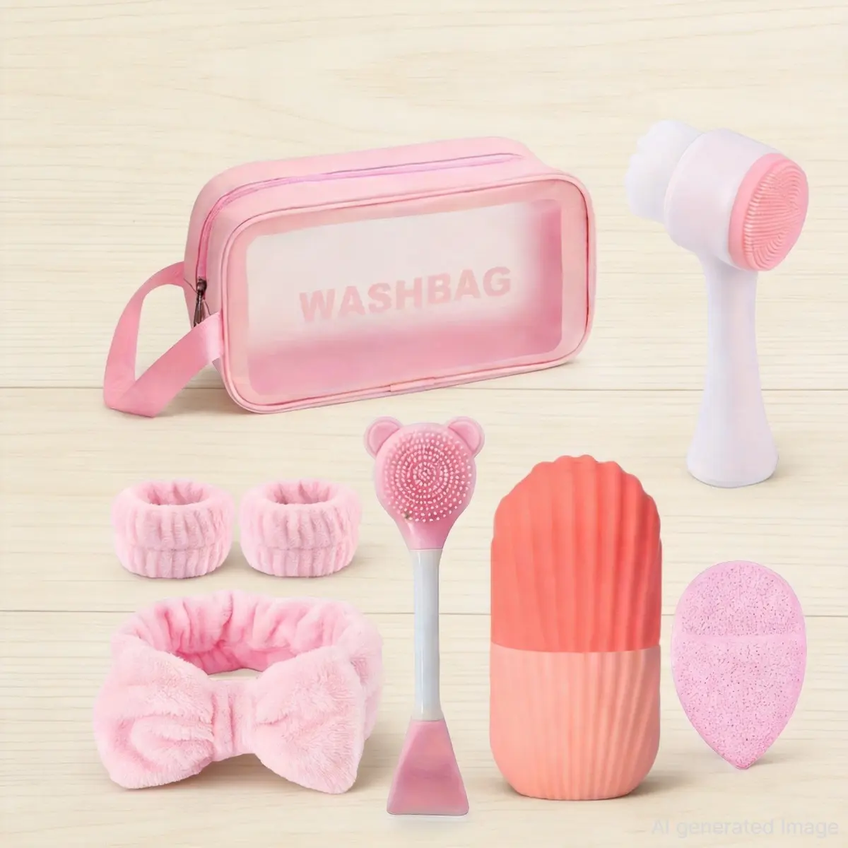 Pink Full Facial Skincare Kit, Bow Headband Wrist Bands Dual-sided Cleansing Brush Mask Stir Stick Bath Sponge Waterproof Wash Bag 8pcs Home Beauty Care Set Facial Tools