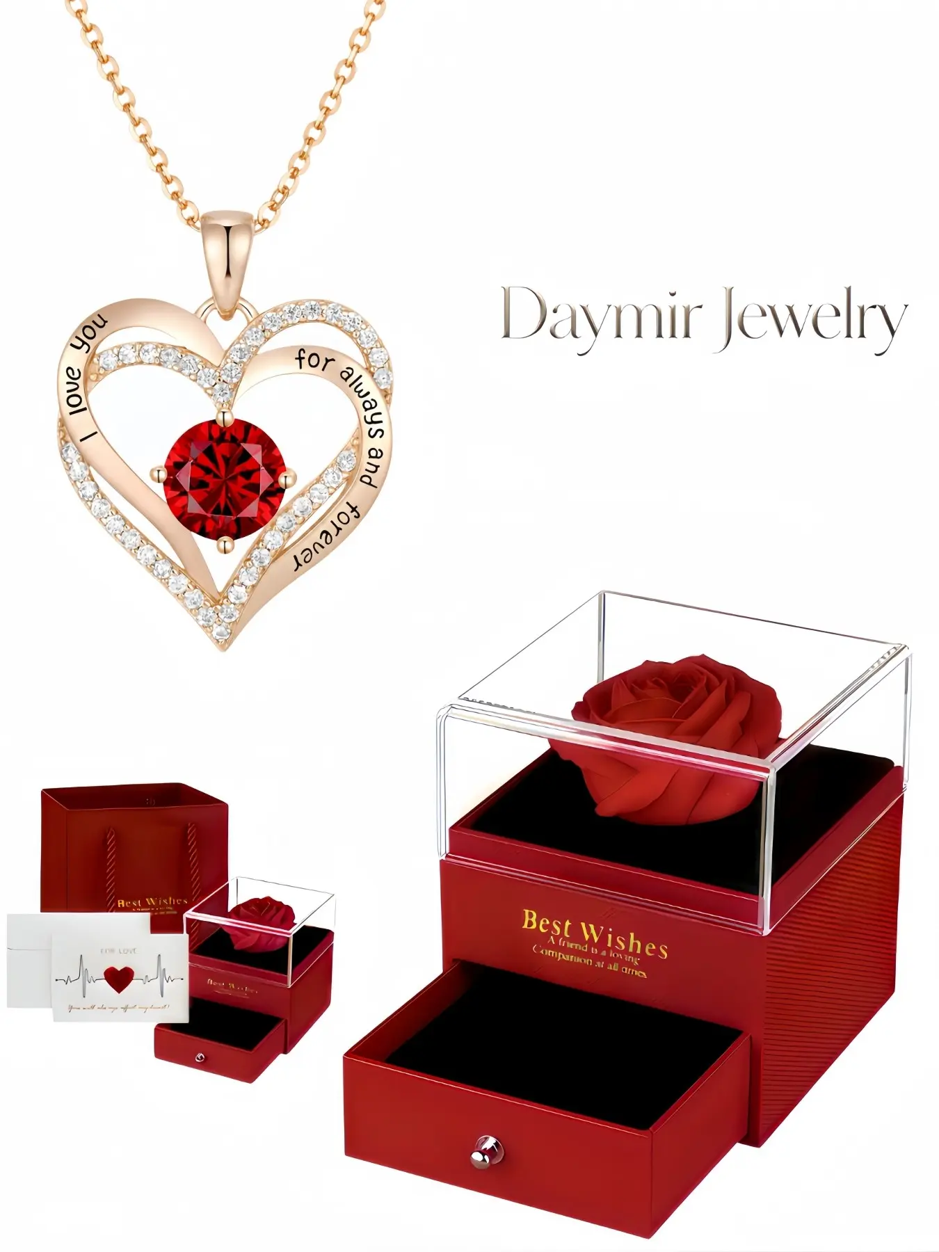 "Heart Vow Diamond", luxurious double-layer heart gem necklace engraved with I Love You, matched with preserved rose jewelry box, great gift for birthdays, Mother’s Day, Valentine’s Day and Christmas.