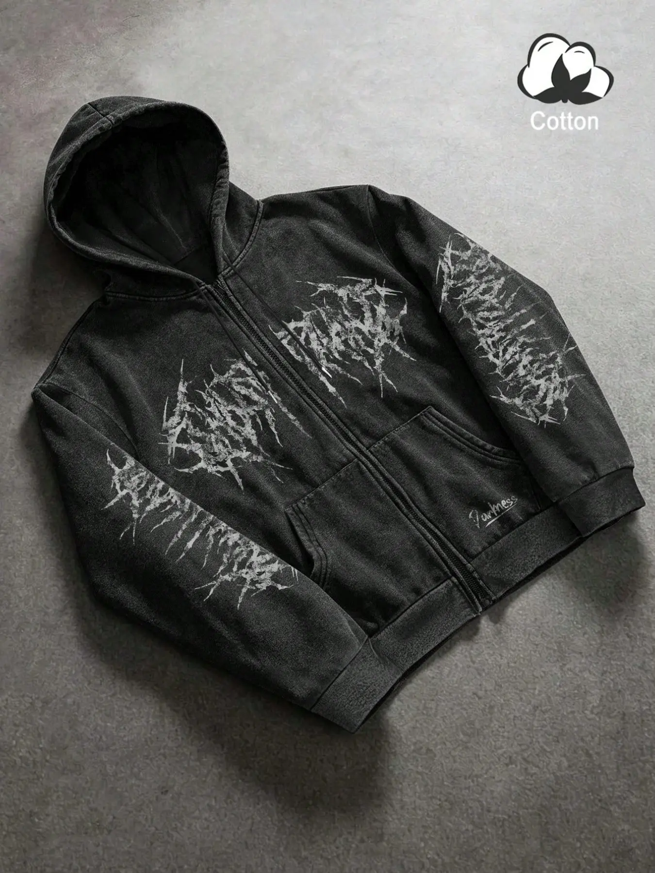 Men Black Grey Acid Wash Full Zip Up Hoodie Dark Gothic Punk White Spiky Thorn Print Oversized Relaxed Fit Hooded Jacket with Front Kangaroo Pocket Soft Cotton Streetwear Sweatshirt for Concert Club Daily Weekend Outfit