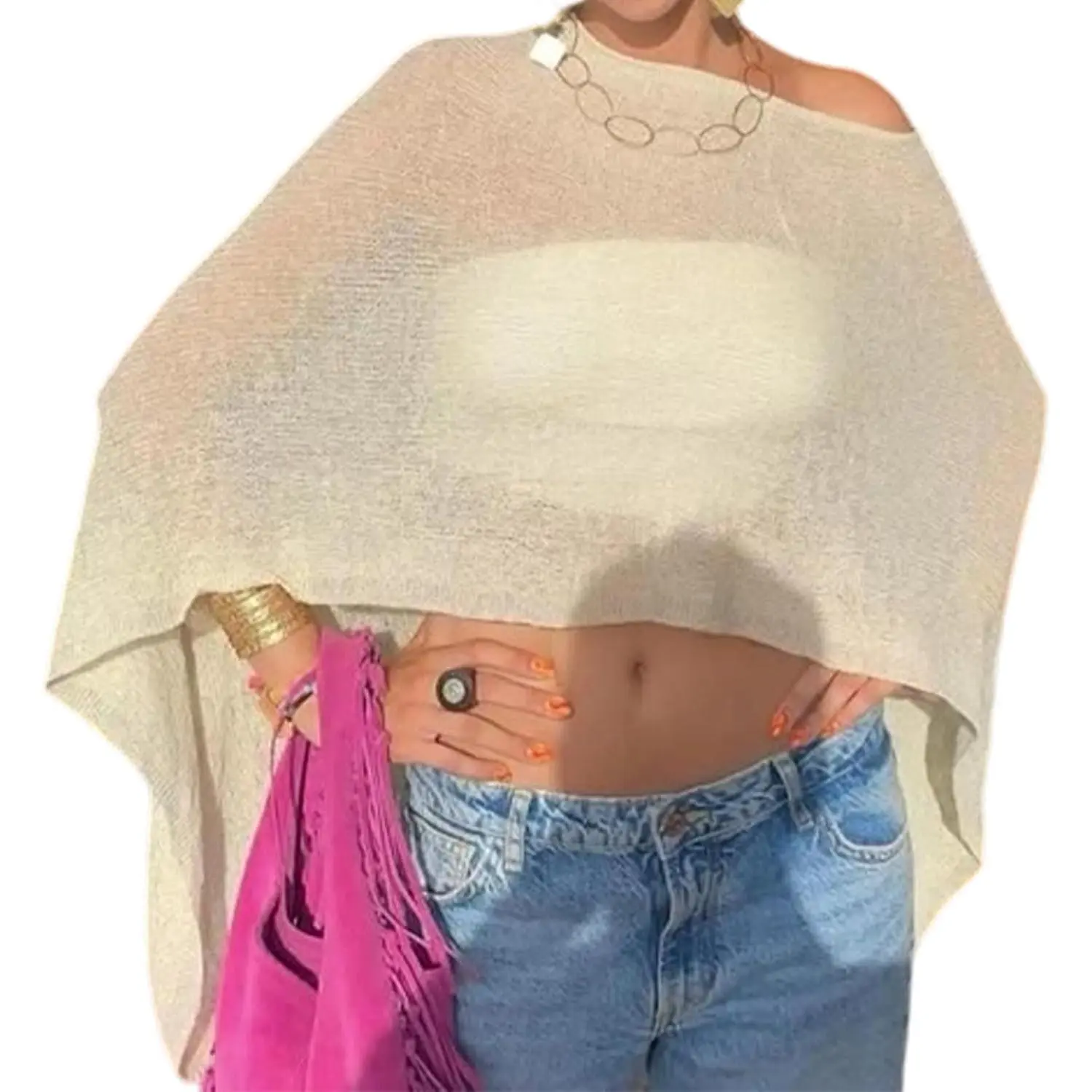 Women's Sheer Sequin Crochet Poncho Top, Lightweight Knit Batwing Sleeve Sweater for Beach, Cocktail Parties, and Workouts, Denim, Skirts, Asymmetric, Casual, Cold Wash