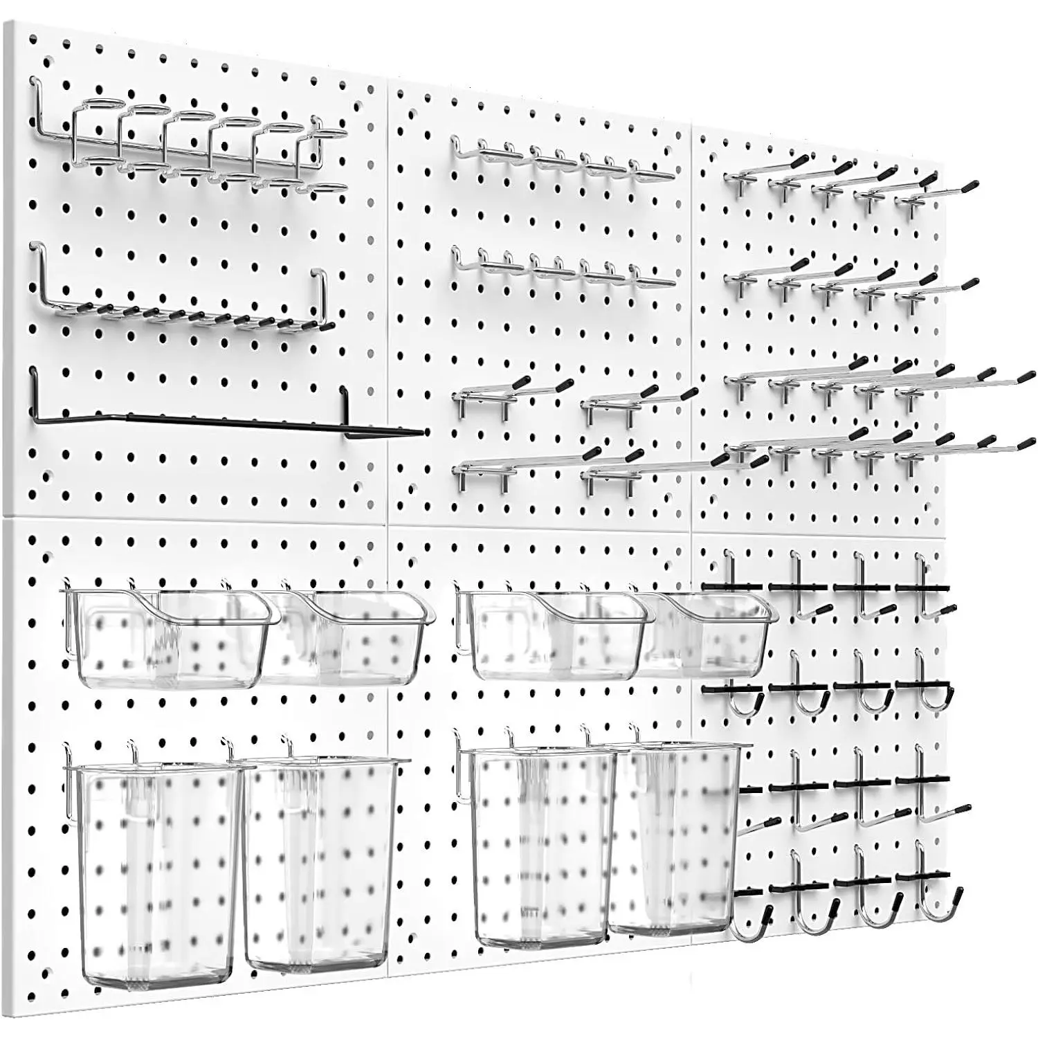 White Steel Pegboard Wall Organizer Kit, Modular Tool Storage Panels with Hooks and Bins for Garage, Office, and Craft Room, Metal, Installation