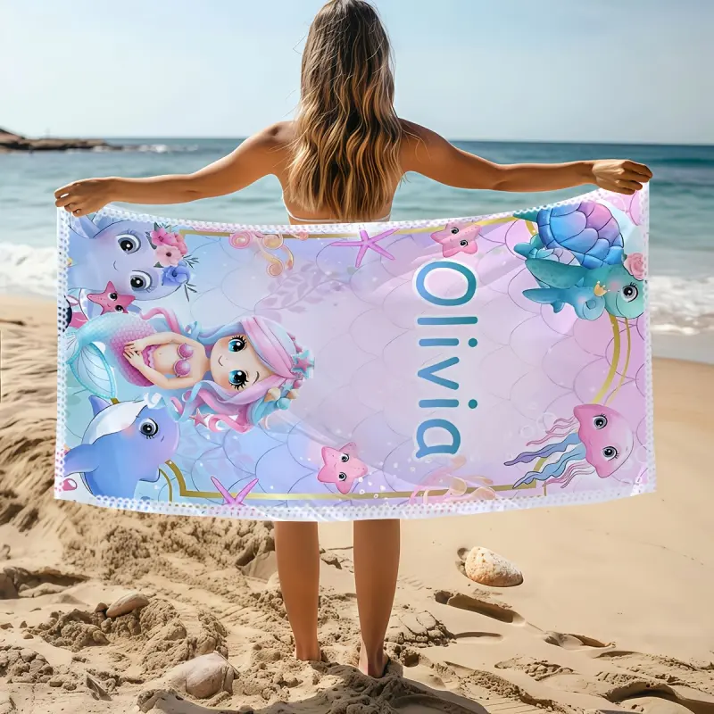 Custom Name Thick Mermaid Bath Towel - Ultra-Fine Fiber, Sand-Free, Absorbent, Contemporary, Large Portable - Pool/Beach/Bath Use - Ideal Gift Idea for Mother's Day, Birthday blanket