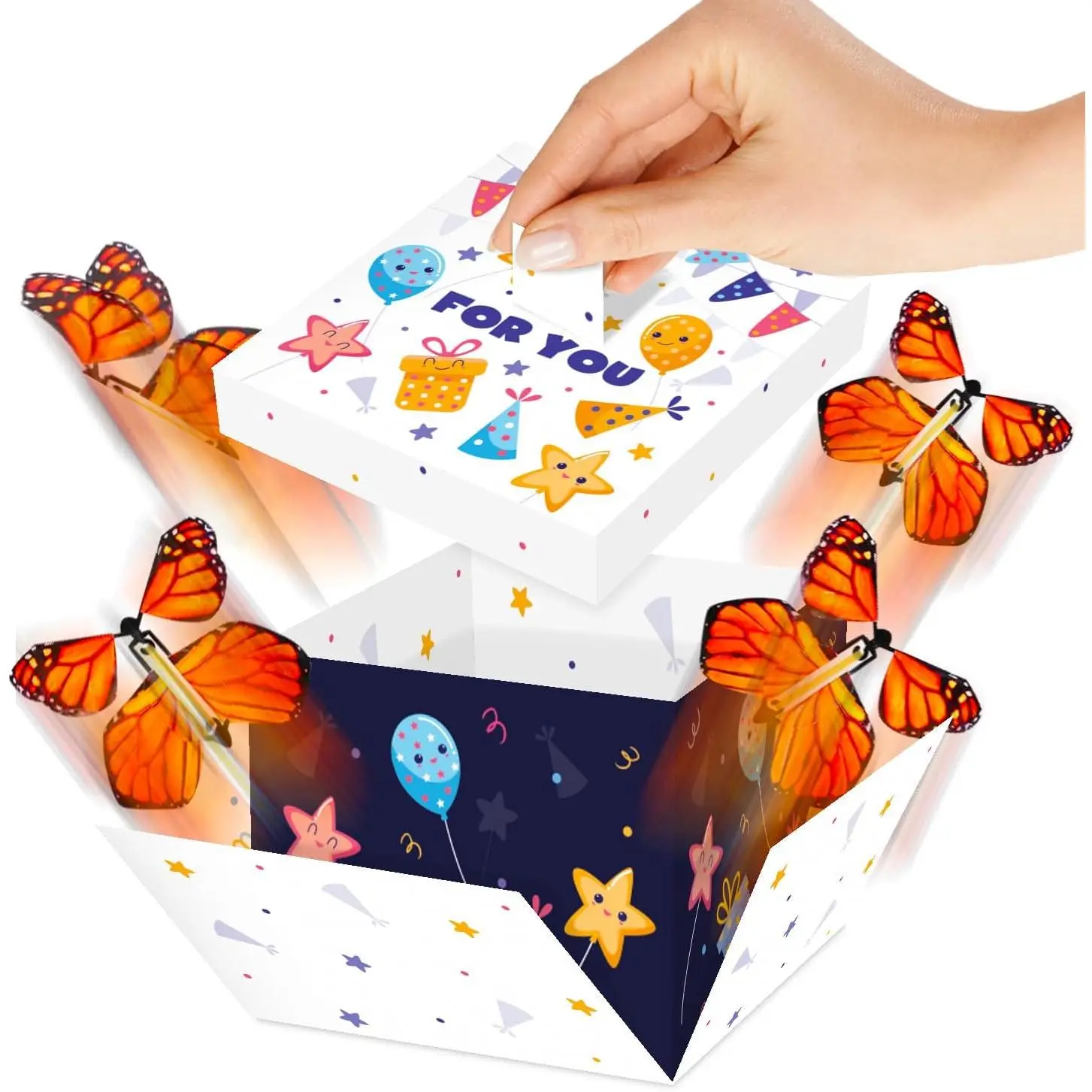 DIY Butterfly Explosion  Box (White Stars) DIY 7.1x5.5x4.3 inches,  Flying Butterfly Box for Birthday, Party, Any Occasion